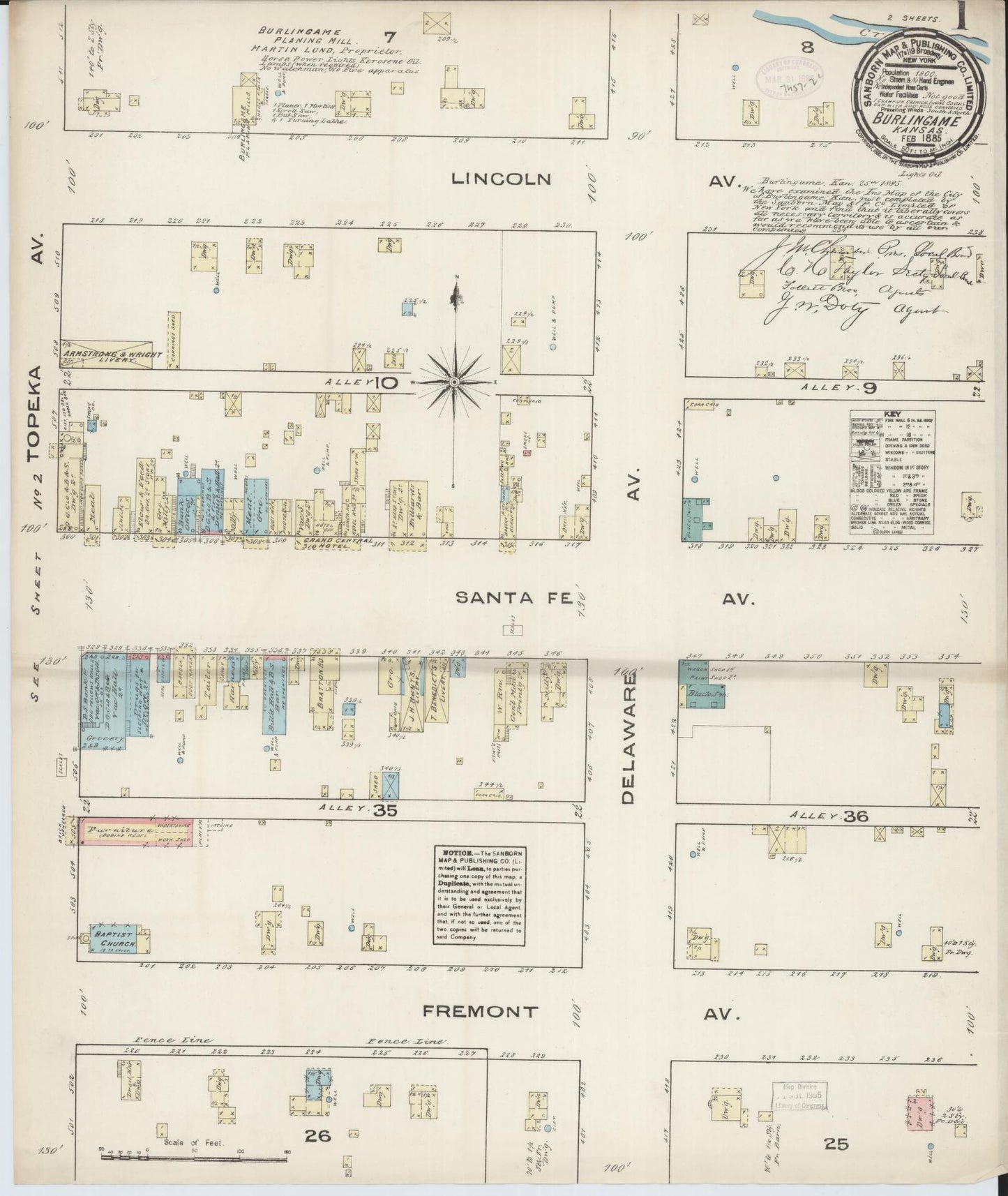 Sanborn Fire Insurance Map from Burlingame, Osage County, Kansas (1885), Sheet #0001 - Complete Map Set gallery image, historic Sanborn map, vintage wall art, Kansas Kansas