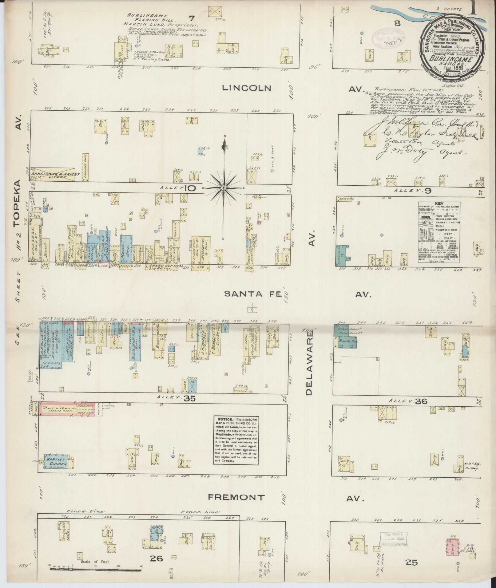 Sanborn Fire Insurance Map from Burlingame, Osage County, Kansas (1885), Sheet #0001 - Complete Map Set gallery image, historic Sanborn map, vintage wall art, Kansas Kansas