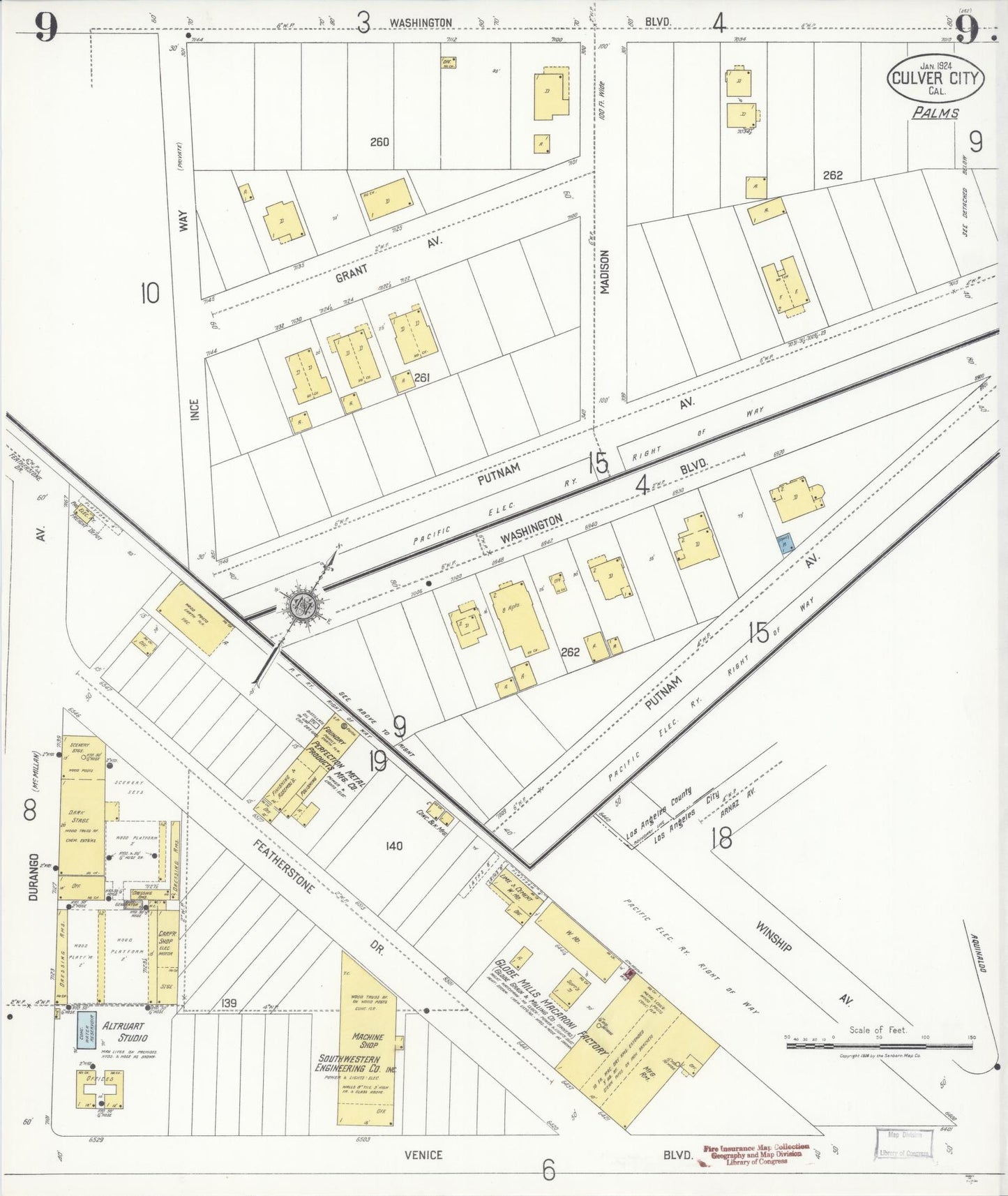 Sanborn Fire Insurance Map from Culver City, Los Angeles County, California (1924), Sheet #0009 - Historic Sanborn Fire Insurance Map Print, vintage old map wall art, antique decor, genealogy gift, California California map