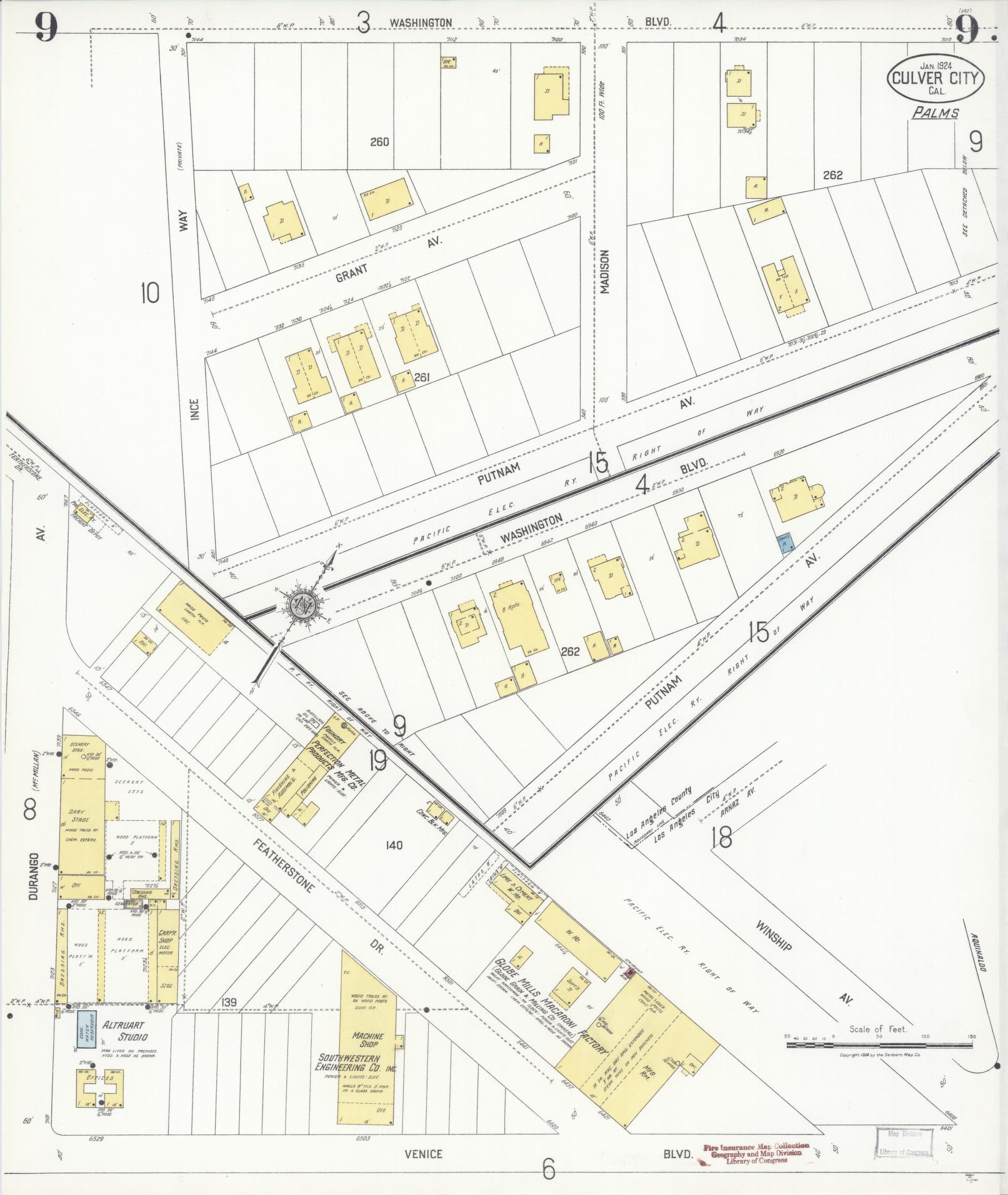 Sanborn Fire Insurance Map from Culver City, Los Angeles County, California (1924), Sheet #0009 - Historic Sanborn Fire Insurance Map Print, vintage old map wall art, antique decor, genealogy gift, California California map