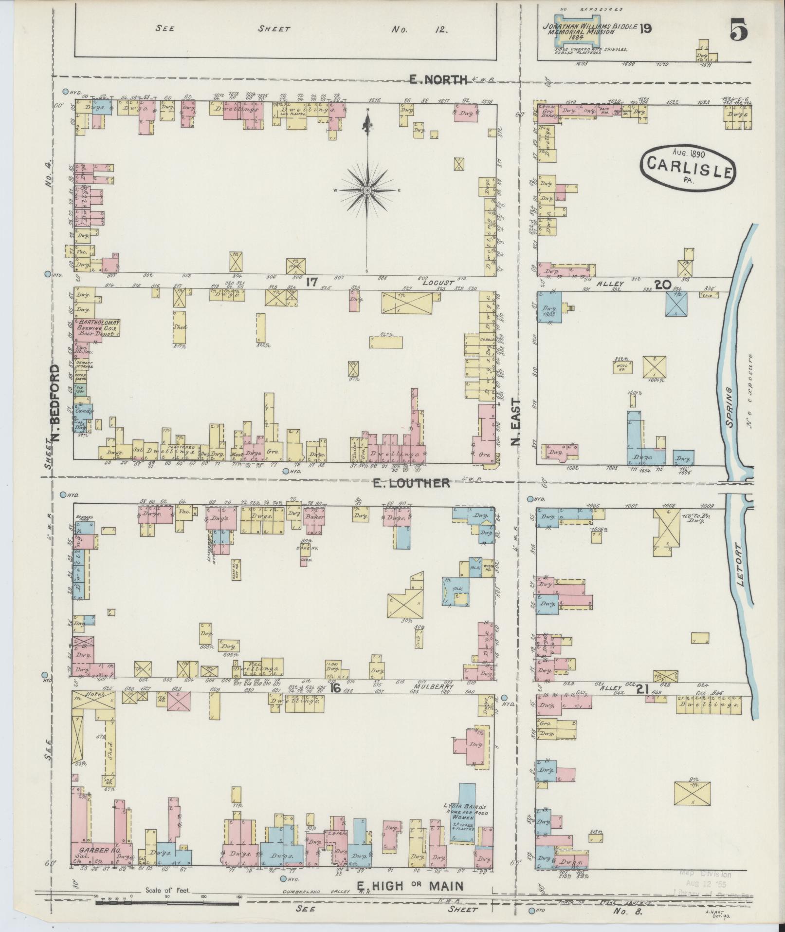 Sanborn Fire Insurance Map from Carlisle, Cumberland County, Pennsylvania (1890), Sheet #0005 - Historic Sanborn Fire Insurance Map Print, vintage old map wall art, antique decor, genealogy gift, Pennsylvania Pennsylvania map