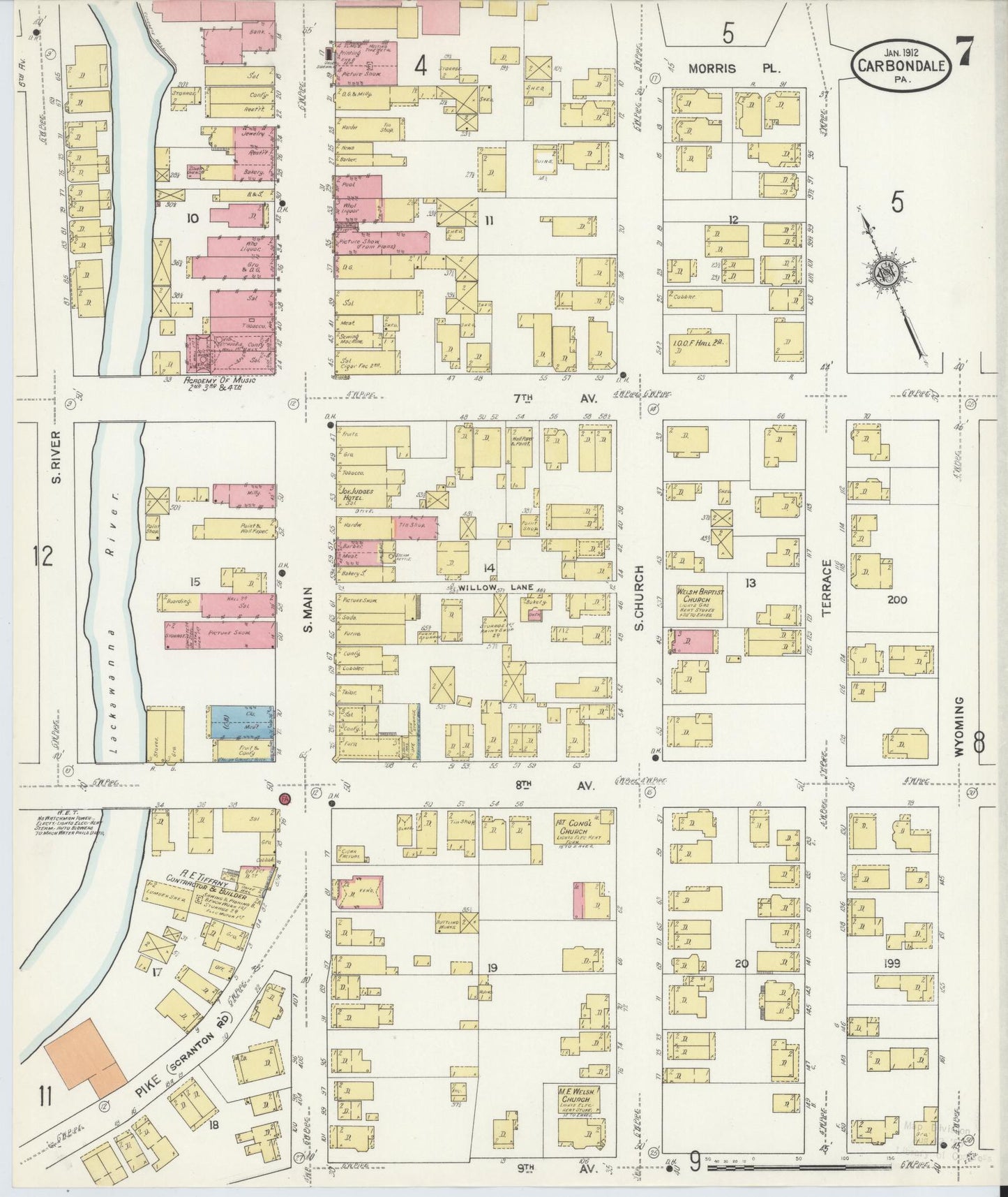 Sanborn Fire Insurance Map from Carbondale, Lackawanna County, Pennsylvania (1912), Sheet #0007 - Historic Sanborn Fire Insurance Map Print, vintage old map wall art, antique decor, genealogy gift, Pennsylvania Pennsylvania map