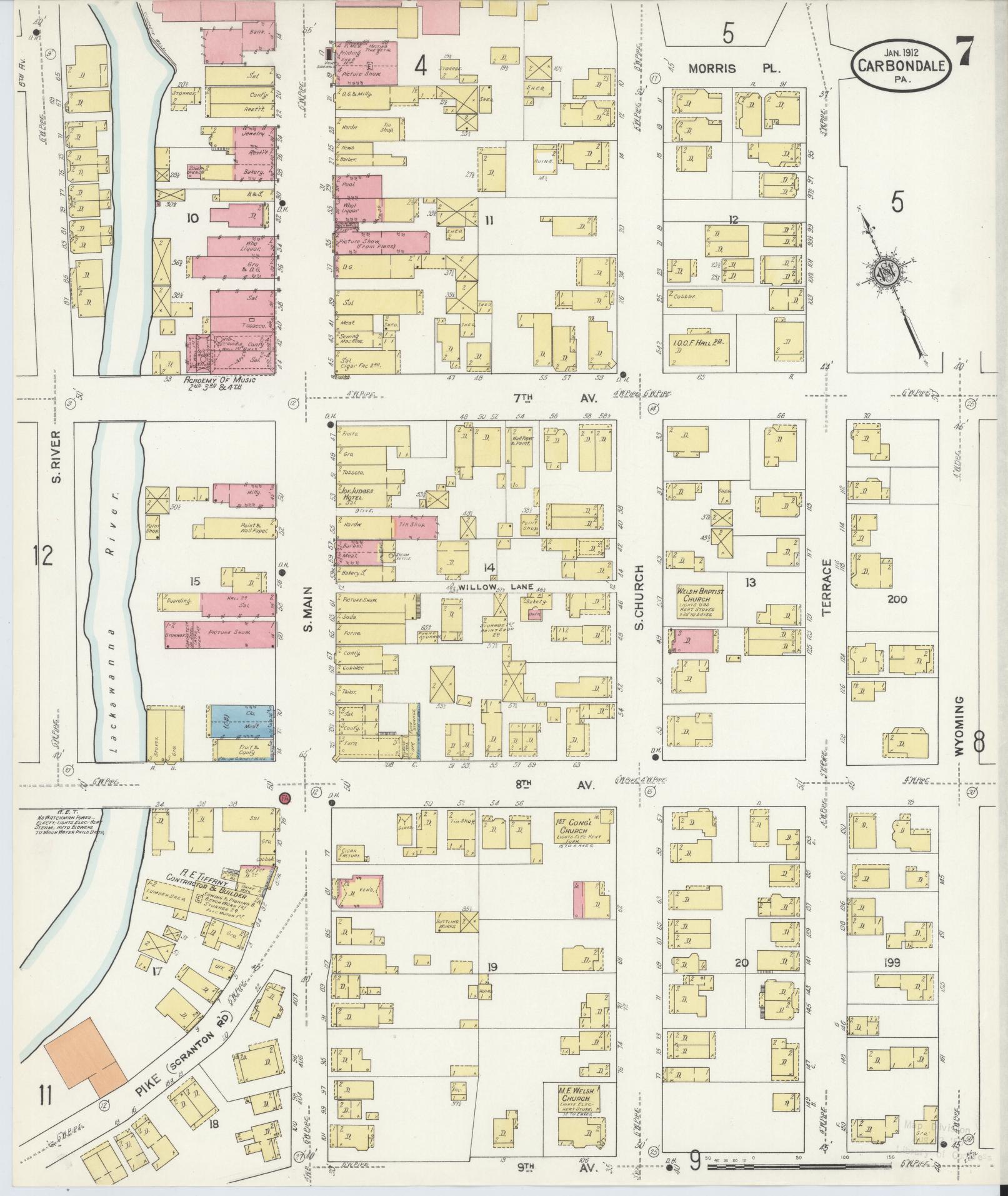 Sanborn Fire Insurance Map from Carbondale, Lackawanna County, Pennsylvania (1912), Sheet #0007 - Historic Sanborn Fire Insurance Map Print, vintage old map wall art, antique decor, genealogy gift, Pennsylvania Pennsylvania map
