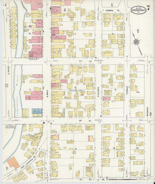 Sanborn Fire Insurance Map from Carbondale, Lackawanna County, Pennsylvania (1912), Sheet #0007 - Historic Sanborn Fire Insurance Map Print, vintage old map wall art, antique decor, genealogy gift, Pennsylvania Pennsylvania map