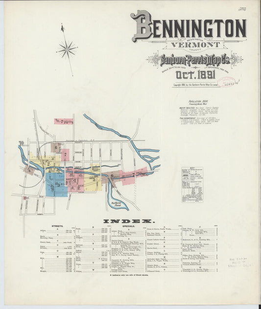 Sanborn Fire Insurance Map from Bennington, Bennington County, Vermont (1891), Sheet #0001 - Historic Sanborn Fire Insurance Map Print, vintage old map wall art, antique decor, genealogy gift, Vermont Vermont map