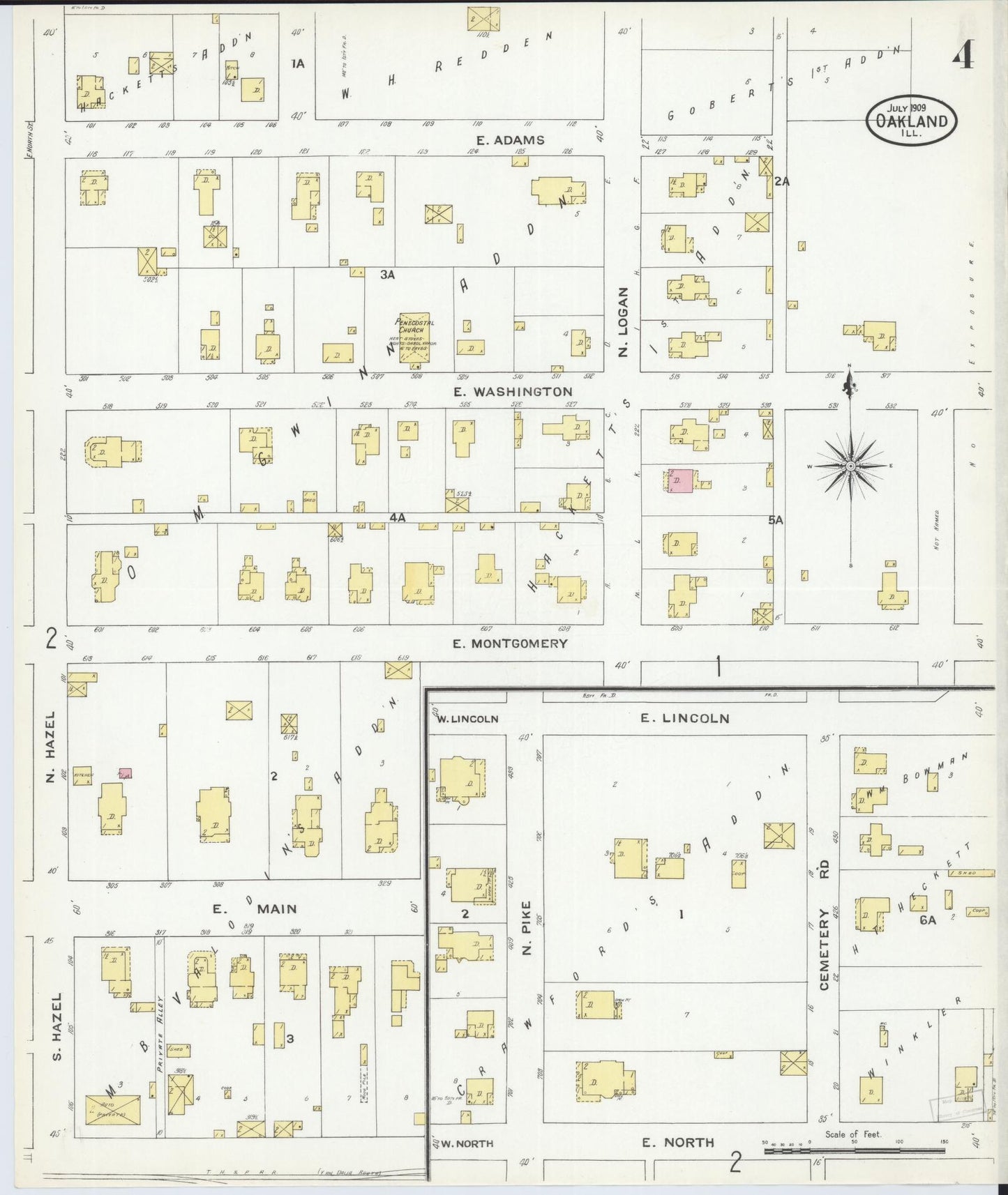Sanborn Fire Insurance Map from Oakland, Coles County, Illinois (1909), Sheet #0004 - Complete Map Set gallery image, historic Sanborn map, vintage wall art, Illinois Illinois