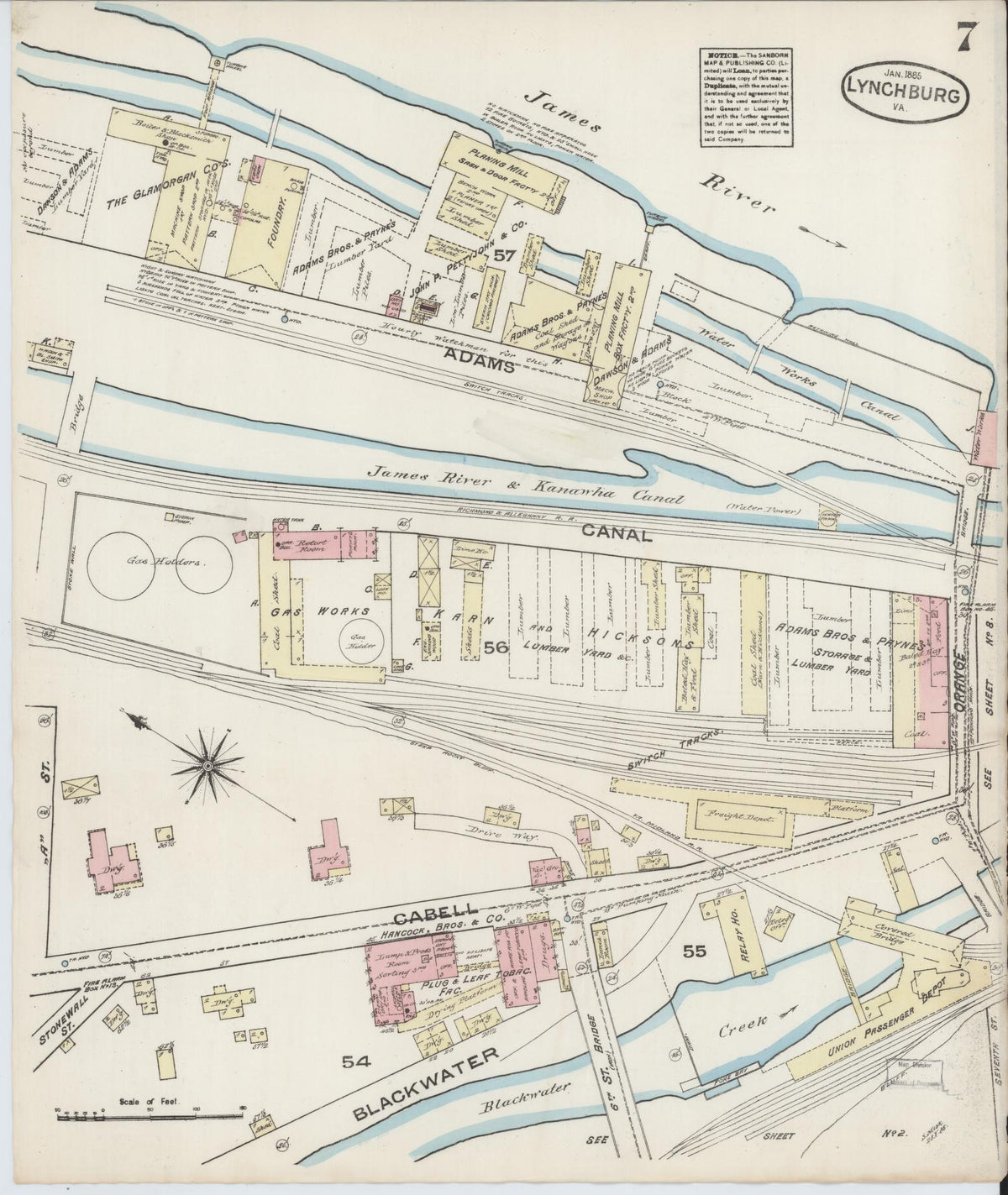 Sanborn Fire Insurance Map from Lynchburg, Independent Cities, Virginia (1885), Sheet #0007 - Complete Map Set gallery image, historic Sanborn map, vintage wall art, Virginia Virginia