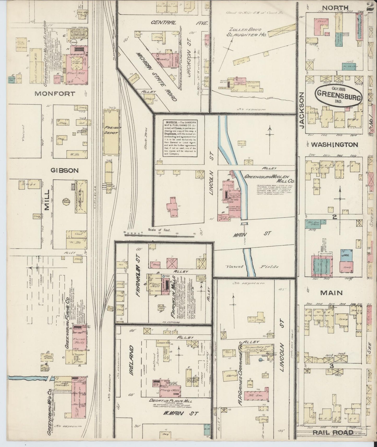 Sanborn Fire Insurance Map from Greensburg, Decatur County, Indiana (1883), Sheet #0002 - Complete Map Set gallery image, historic Sanborn map, vintage wall art, Indiana Indiana