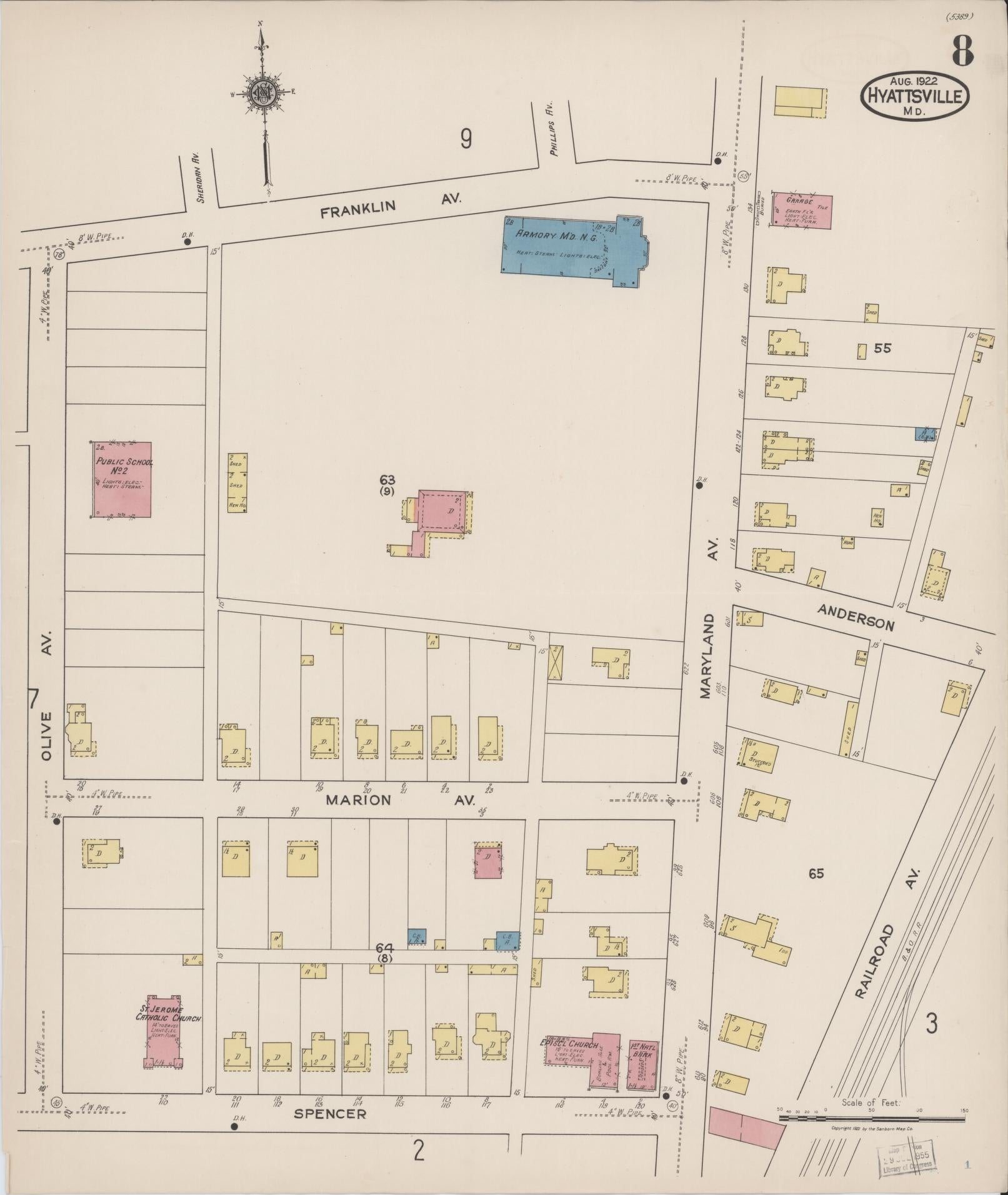 Sanborn Fire Insurance Map from Hyattsville, Prince Georges County, Maryland (1922), Sheet #0008 - Historic Sanborn Fire Insurance Map Print, vintage old map wall art