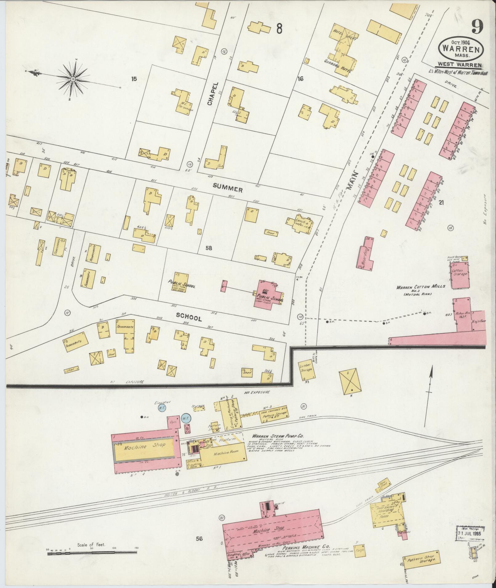 Sanborn Fire Insurance Map from Warren, Worcester County, Massachusetts (1906), Sheet #0009 - Complete Map Set gallery image, historic Sanborn map, vintage wall art, Massachusetts Massachusetts