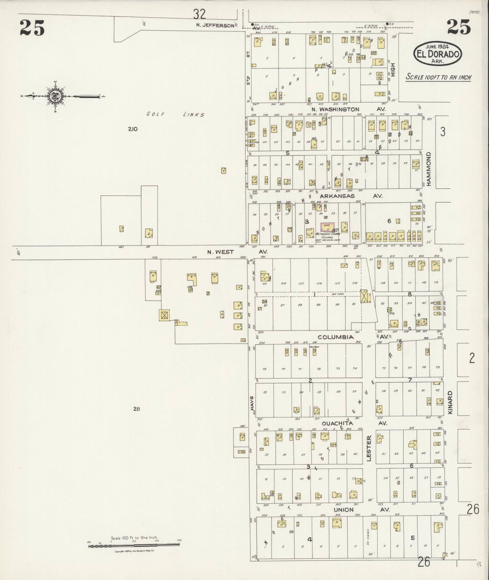 Sanborn Fire Insurance Map from El Dorado, Union County, Arkansas (1924), Sheet #0025 - Complete Map Set gallery image, historic Sanborn map, vintage wall art, Arkansas Arkansas