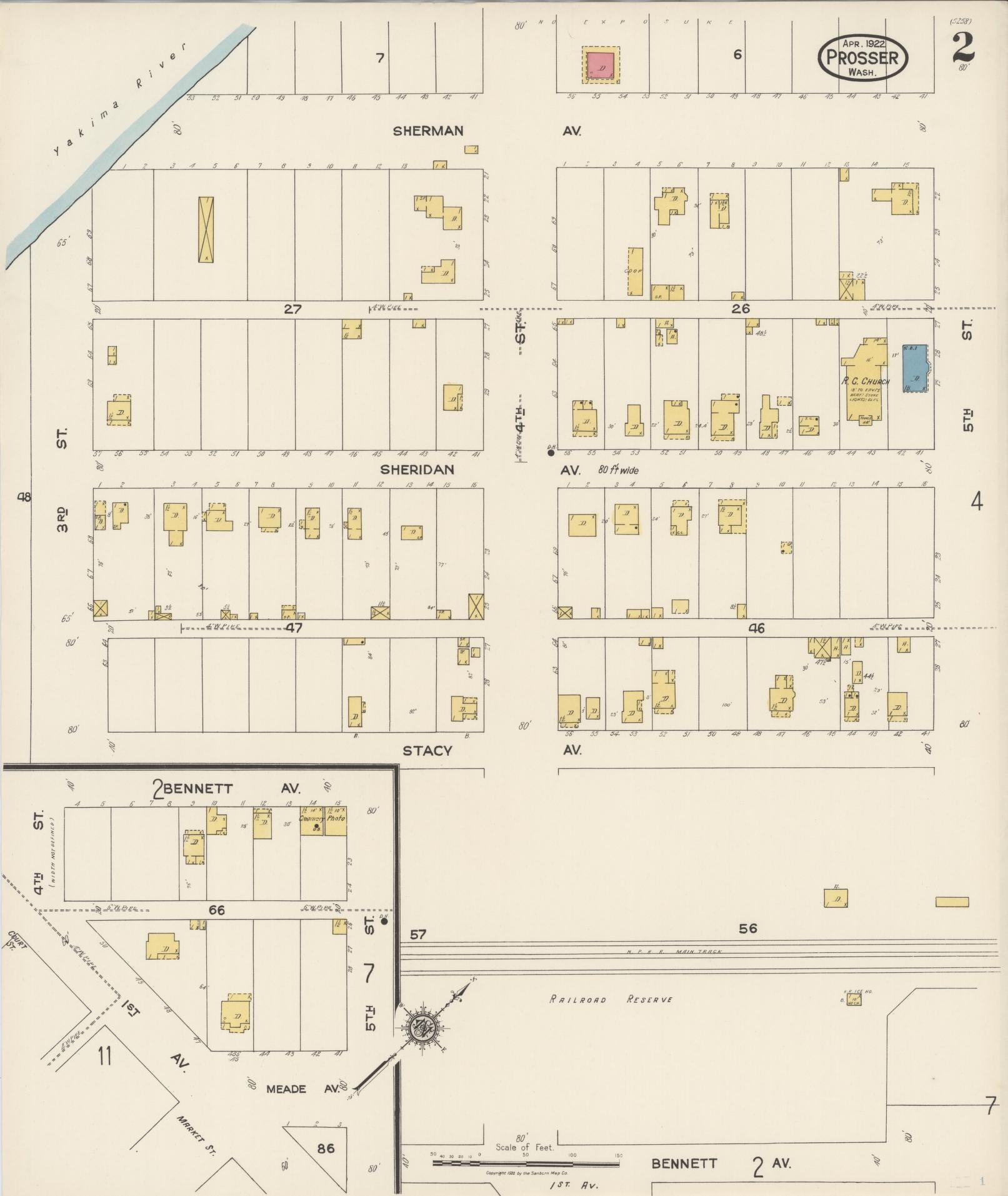 Sanborn Fire Insurance Map from Prosser, Benton County, Washington (1922), Sheet #0002 - Historic Sanborn Fire Insurance Map Print, vintage old map wall art, antique decor, genealogy gift, Washington Washington map