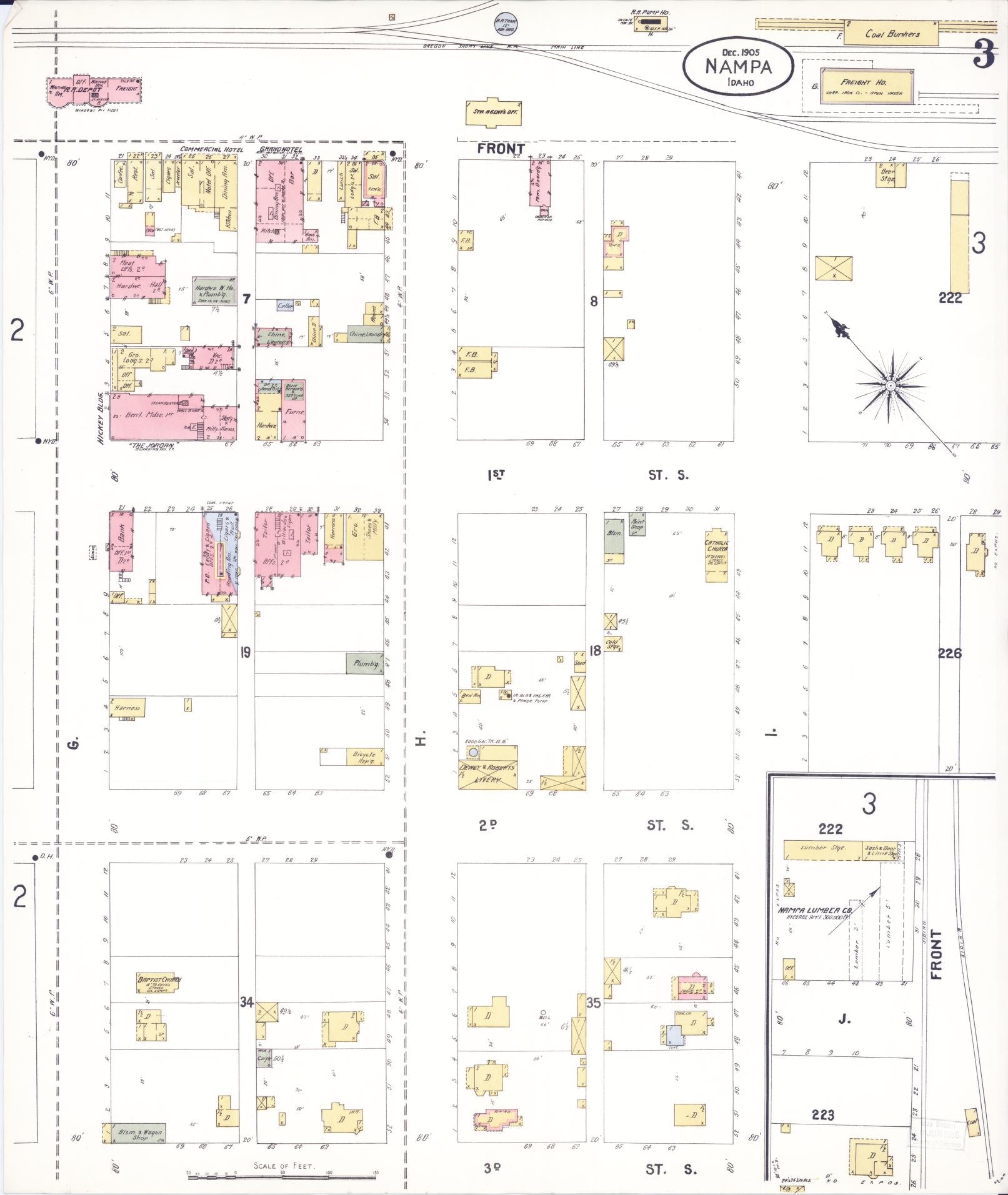 Sanborn Fire Insurance Map from Nampa, Canyon County, Idaho (1905), Sheet #0003 - Historic Sanborn Fire Insurance Map Print, vintage old map wall art, antique decor, genealogy gift, Idaho Idaho map