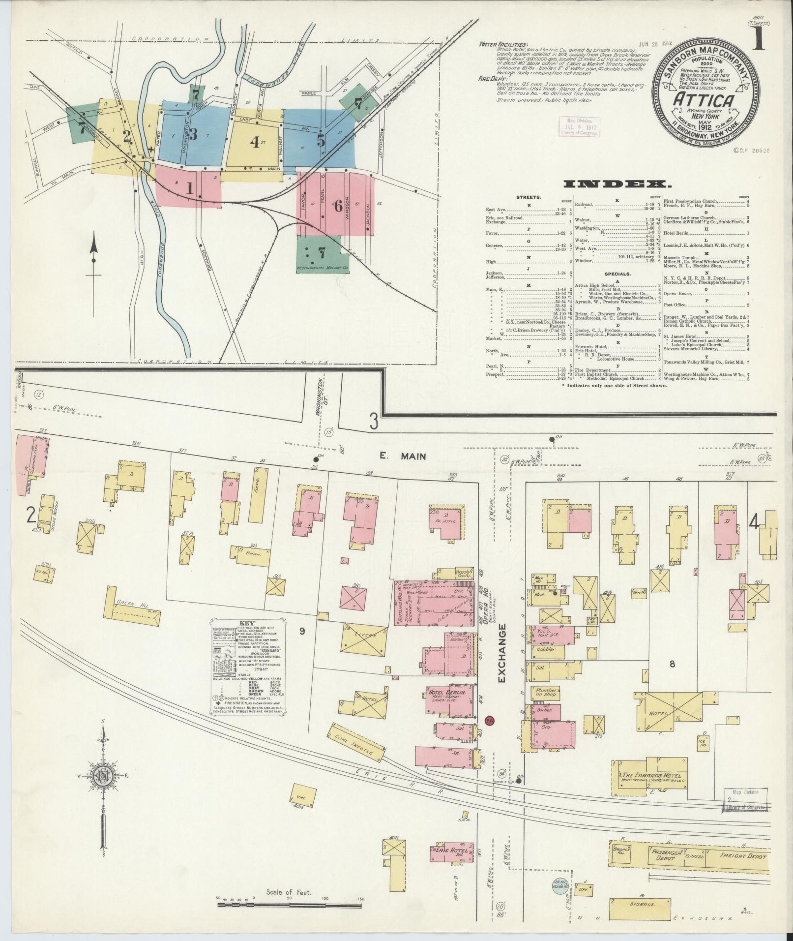 Sanborn Fire Insurance Map from Attica, Wyoming County, New York (1912), Sheet #0001 - Complete Map Set gallery image, historic Sanborn map, vintage wall art, Attica Wyoming