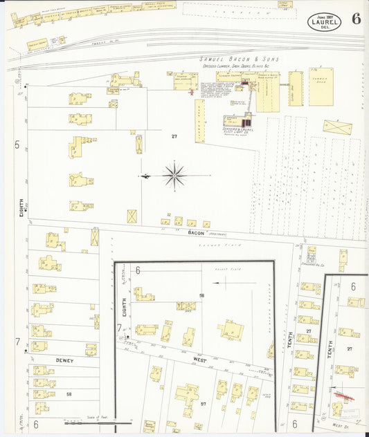 Sanborn Fire Insurance Map from Laurel, Sussex County, Delaware (1907), Sheet #0006 - Historic Sanborn Fire Insurance Map Print, vintage old map wall art, antique decor, genealogy gift, Delaware Delaware map