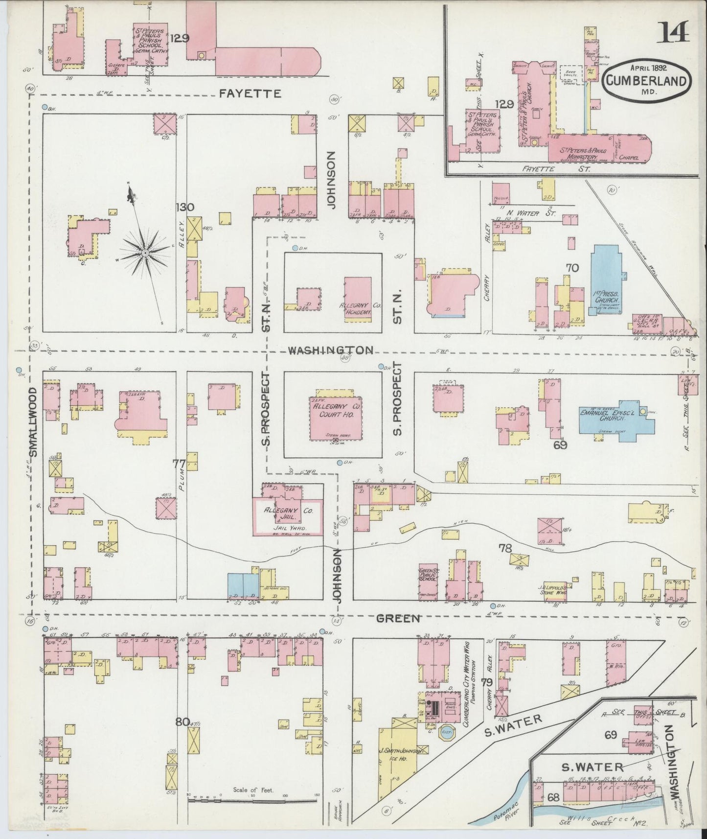 Sanborn Fire Insurance Map from Cumberland, Allegany County, Maryland (1892), Sheet #0014 - Historic Sanborn Fire Insurance Map Print, vintage old map wall art, antique decor, genealogy gift, Maryland Maryland map