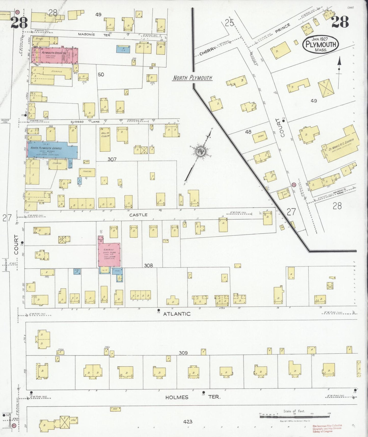 Sanborn Fire Insurance Map from Plymouth, Plymouth County, Massachusetts (1927), Sheet #0028 - Historic Sanborn Fire Insurance Map Print, vintage old map wall art, antique decor, genealogy gift, Massachusetts Massachusetts map