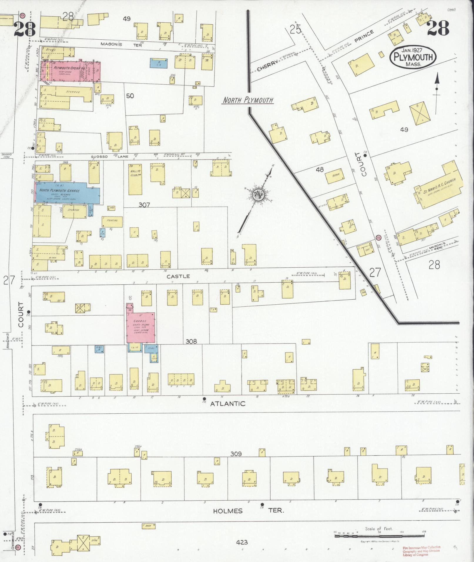 Sanborn Fire Insurance Map from Plymouth, Plymouth County, Massachusetts (1927), Sheet #0028 - Historic Sanborn Fire Insurance Map Print, vintage old map wall art, antique decor, genealogy gift, Massachusetts Massachusetts map