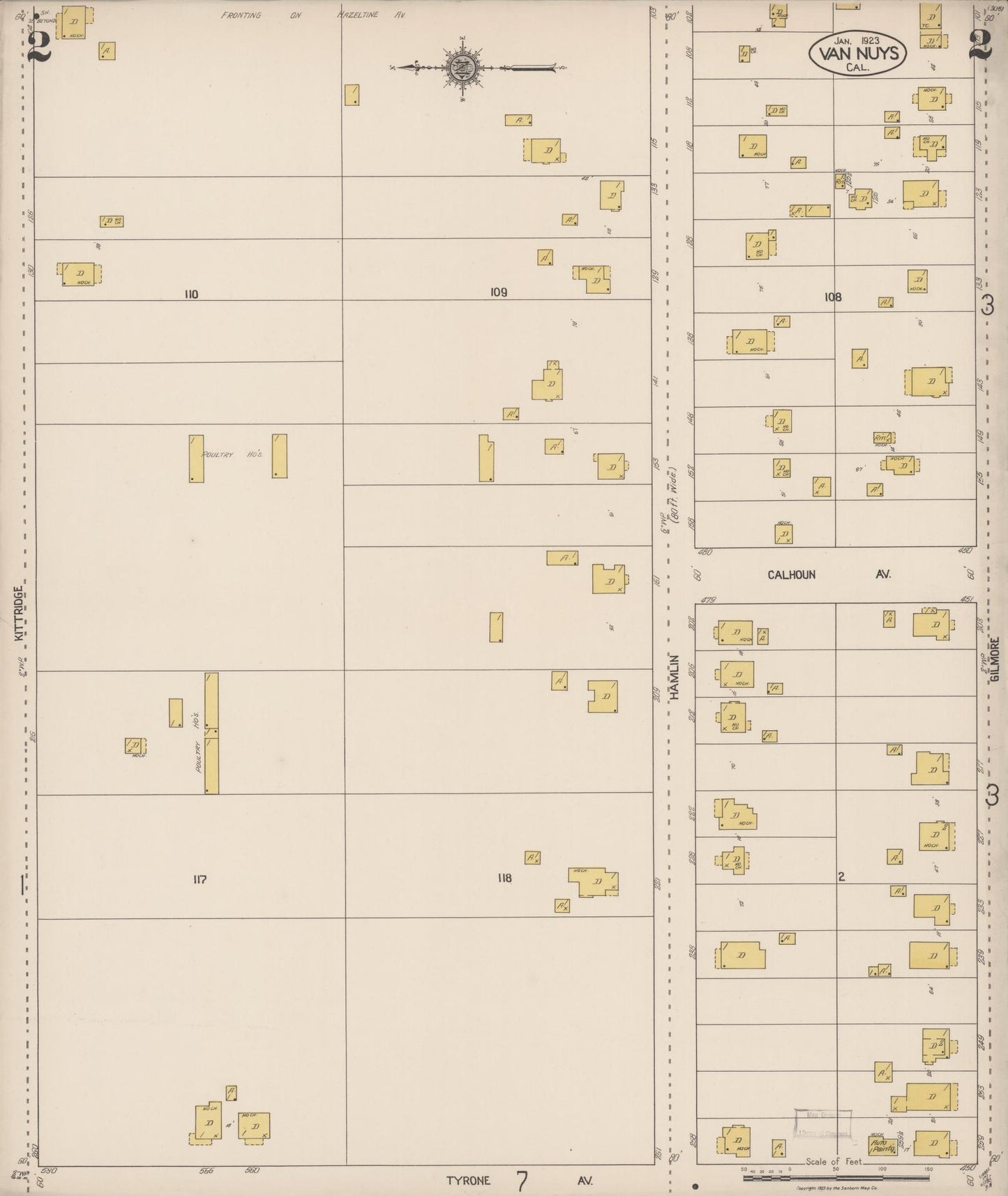 Sanborn Fire Insurance Map from Van Nuys, Los Angeles County, California (1923), Sheet #0002 - Complete Map Set gallery image, historic Sanborn map, vintage wall art, California California