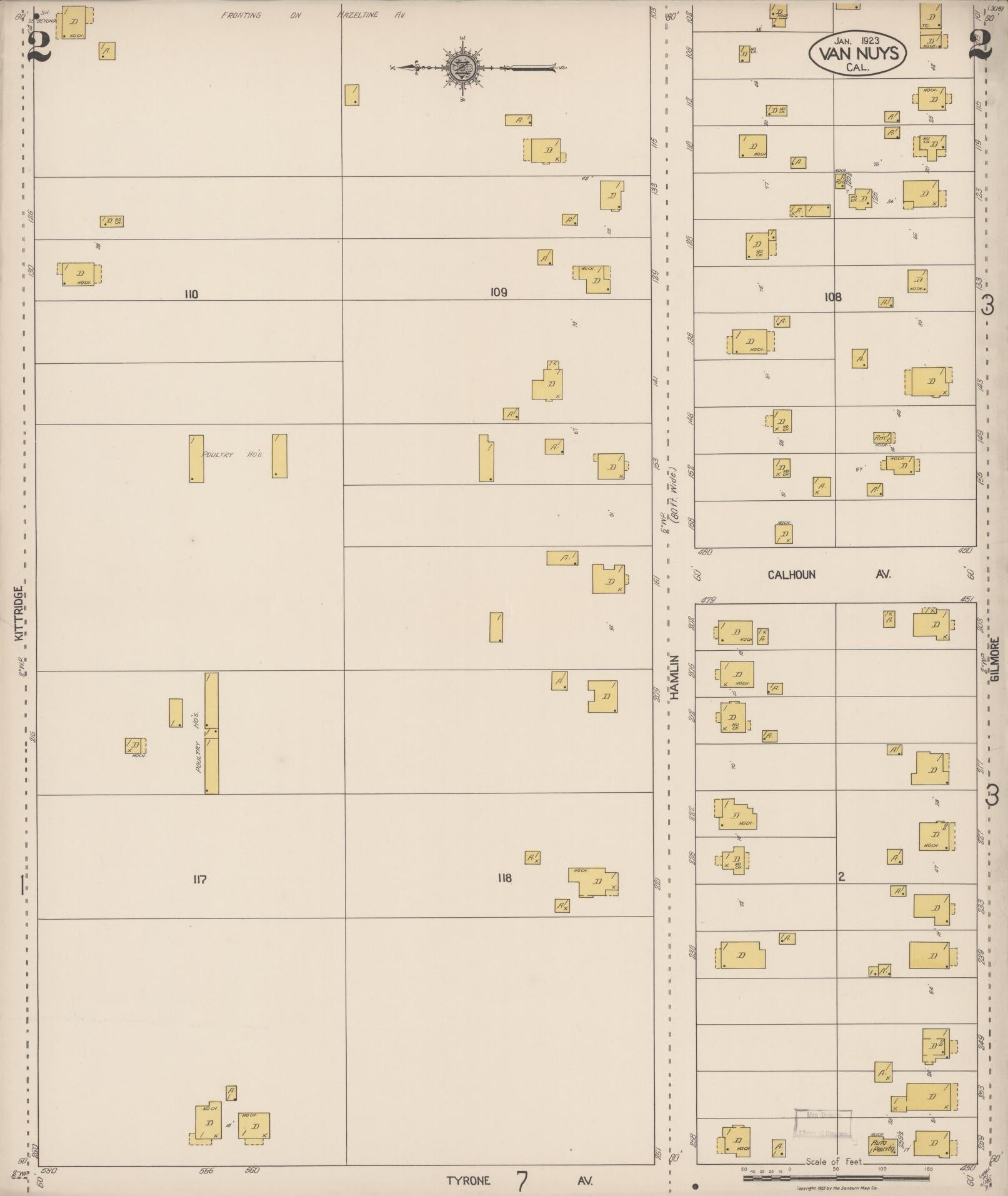Sanborn Fire Insurance Map from Van Nuys, Los Angeles County, California (1923), Sheet #0002 - Complete Map Set gallery image, historic Sanborn map, vintage wall art, California California