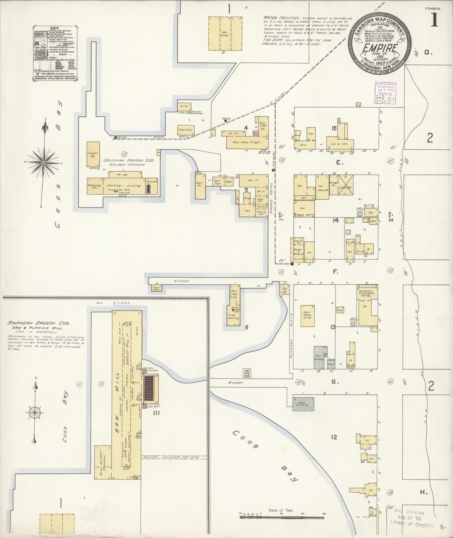 Sanborn Fire Insurance Map from Empire, Coos County, Oregon (1907), Sheet #0001 - Historic Sanborn Fire Insurance Map Print, vintage old map wall art, antique decor, genealogy gift, Oregon Oregon map
