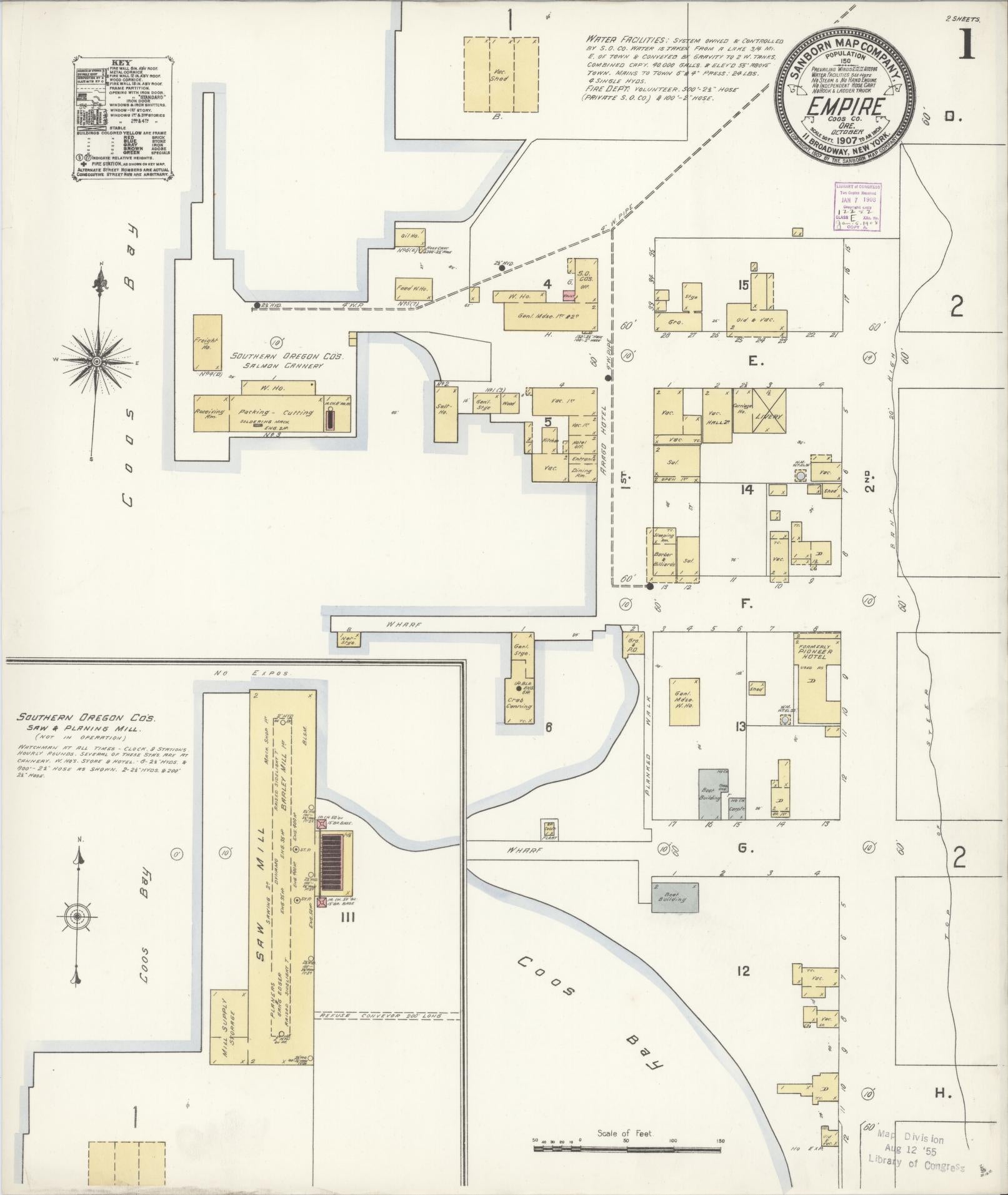 Sanborn Fire Insurance Map from Empire, Coos County, Oregon (1907), Sheet #0001 - Historic Sanborn Fire Insurance Map Print, vintage old map wall art, antique decor, genealogy gift, Oregon Oregon map