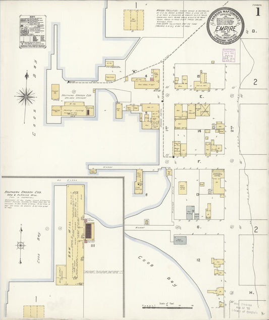 Sanborn Fire Insurance Map from Empire, Coos County, Oregon (1907), Sheet #0001 - Historic Sanborn Fire Insurance Map Print, vintage old map wall art, antique decor, genealogy gift, Oregon Oregon map