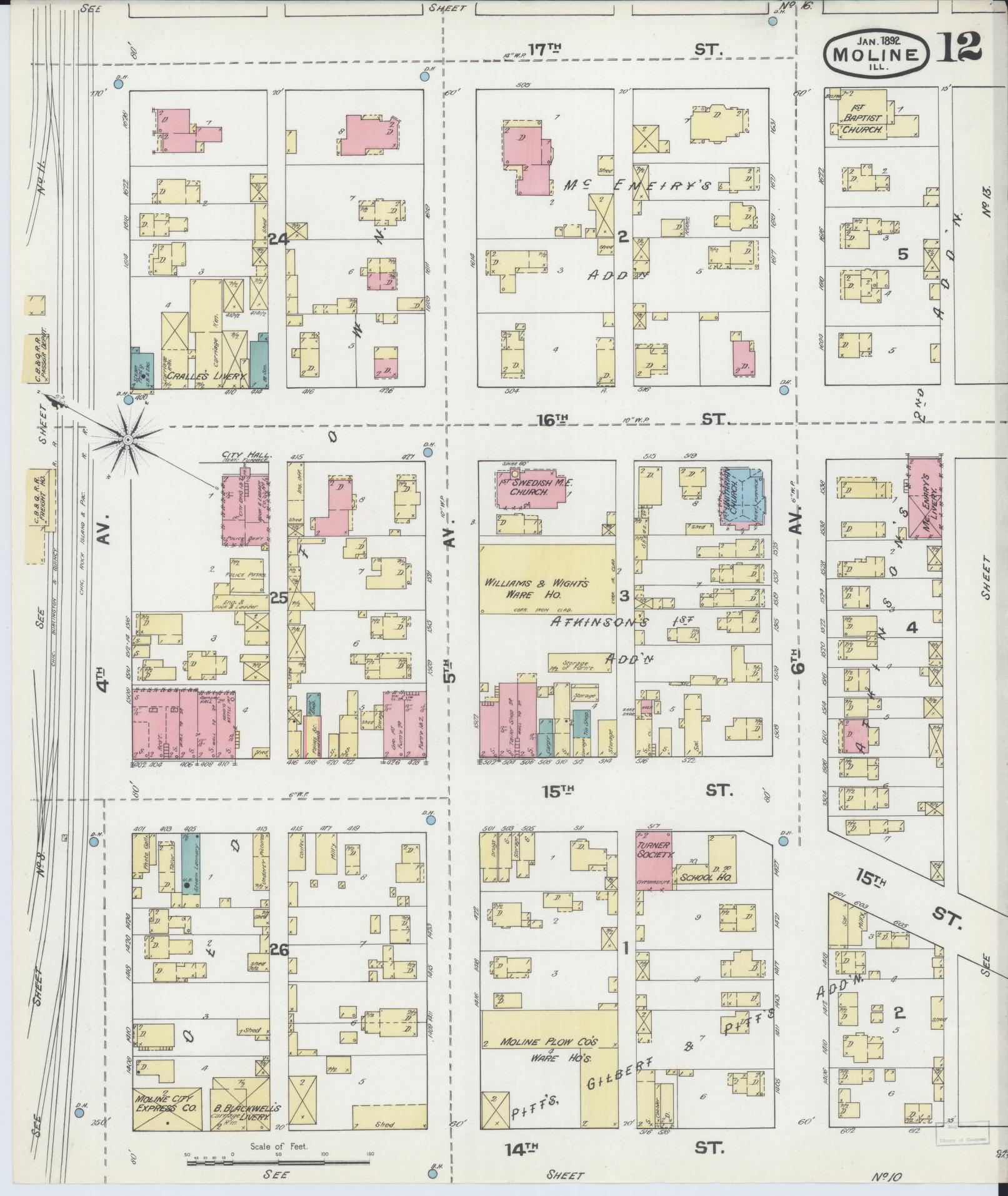 Sanborn Fire Insurance Map from Moline, Rock Island County, Illinois (1892), Sheet #0012 - Complete Map Set gallery image, historic Sanborn map, vintage wall art, Illinois Illinois