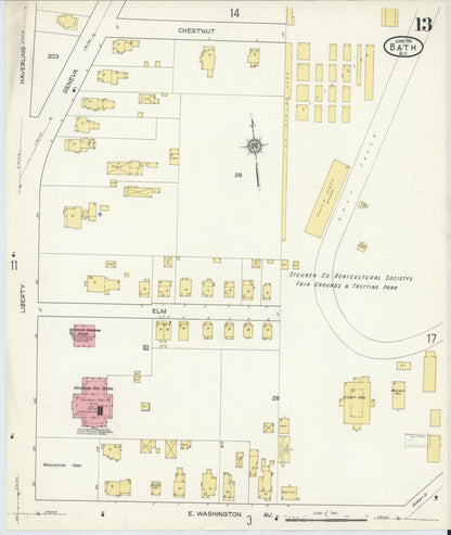 Sanborn Fire Insurance Map from Bath, Steuben County, New York (1915), Sheet #0013 - Historic Sanborn Fire Insurance Map Print, vintage old map wall art, antique decor, genealogy gift, New York New York map