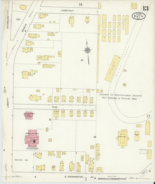 Sanborn Fire Insurance Map from Bath, Steuben County, New York (1915), Sheet #0013 - Historic Sanborn Fire Insurance Map Print, vintage old map wall art, antique decor, genealogy gift, New York New York map