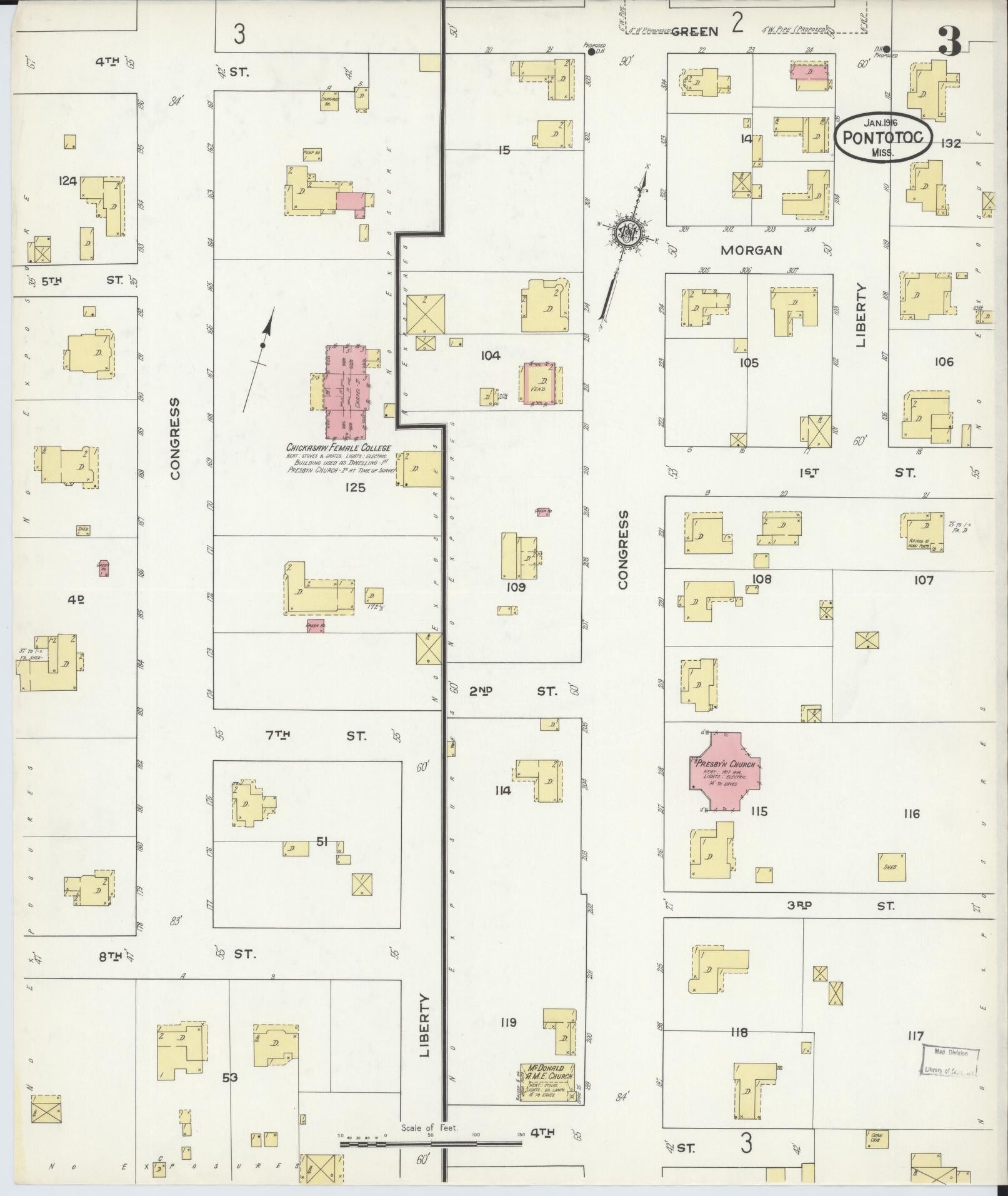Sanborn Fire Insurance Map from Pontotoc, Pontotoc County, Mississippi (1916), Sheet #0003 - Historic Sanborn Fire Insurance Map Print, vintage old map wall art, antique decor, genealogy gift, Mississippi Mississippi map