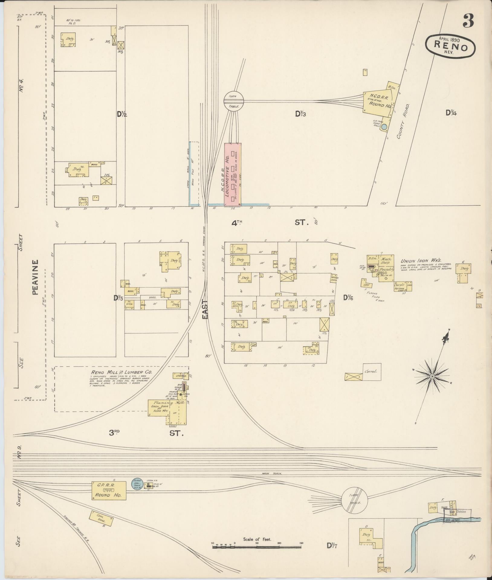 Sanborn Fire Insurance Map from Reno, Washoe County, Nevada (1890), Sheet #0003 - Complete Map Set gallery image, historic Sanborn map, vintage wall art, Nevada Nevada