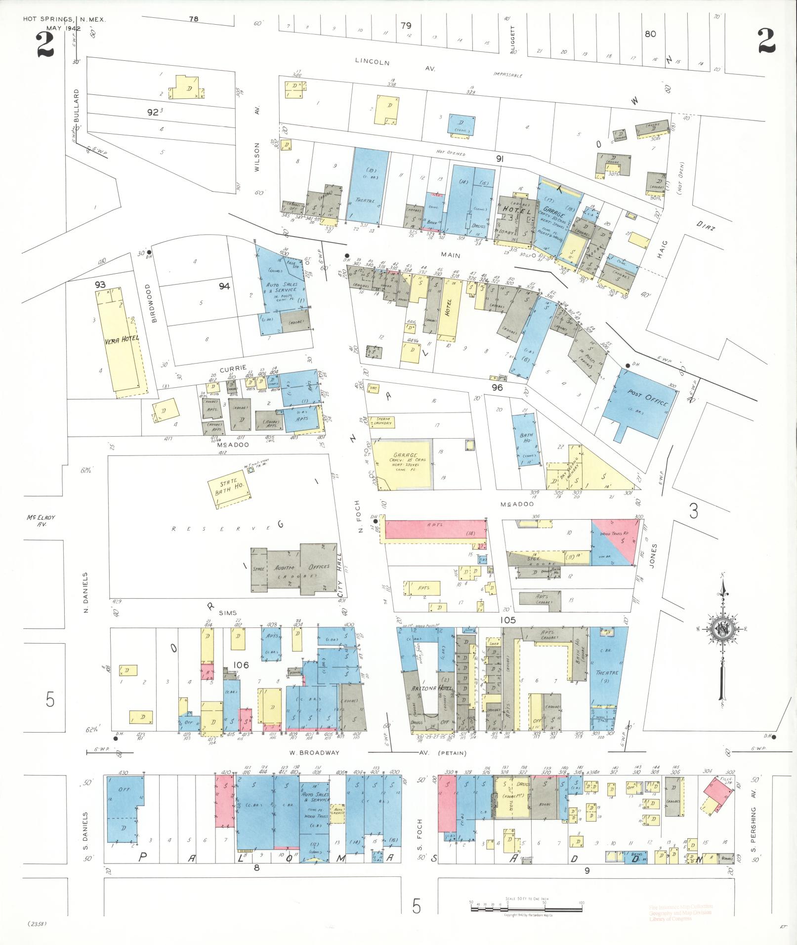 Sanborn Fire Insurance Map from Hot Springs, Sierra County, New Mexico (1942), Sheet #0002 - Complete Map Set gallery image, historic Sanborn map, vintage wall art, New Mexico New Mexico