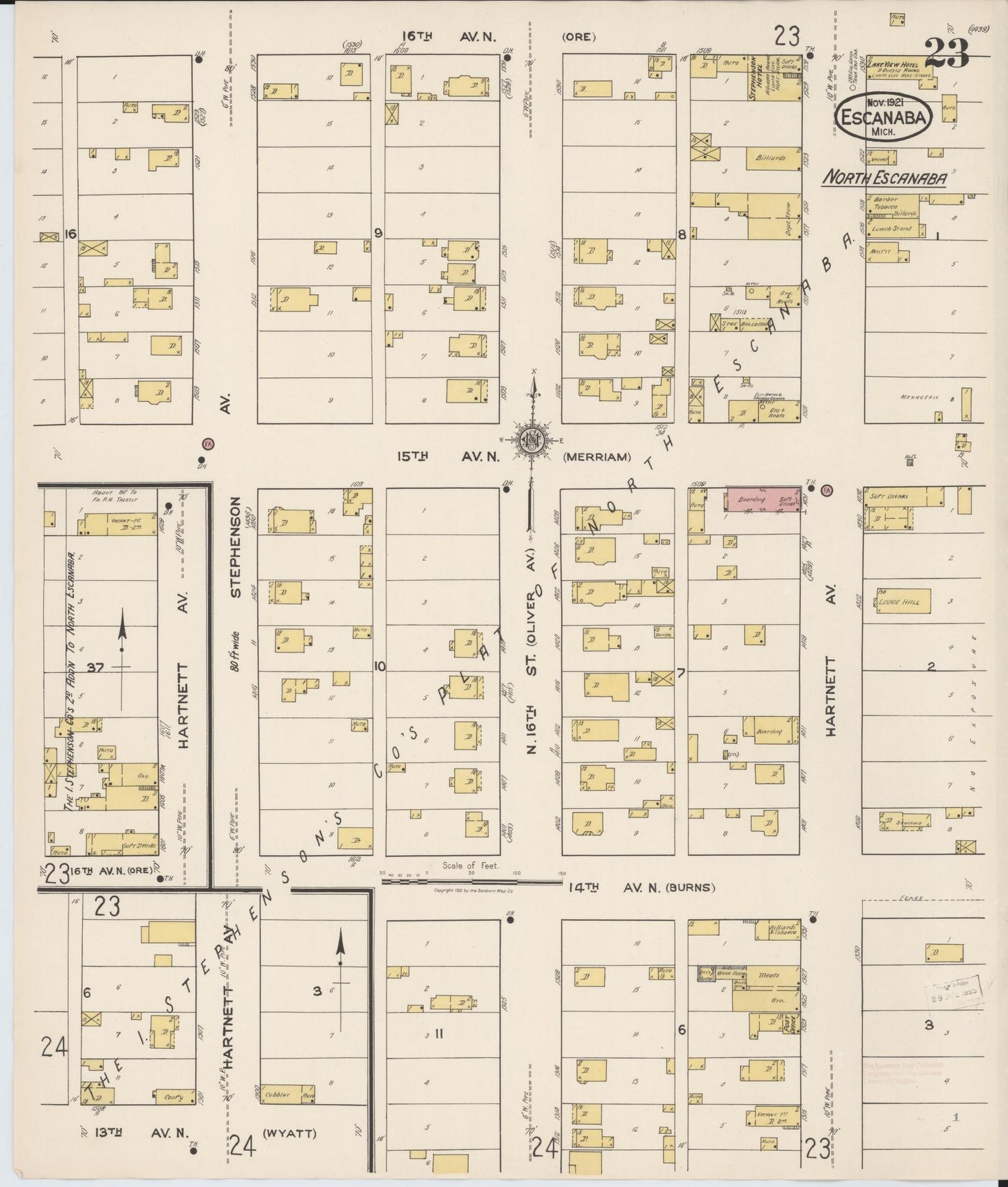 Sanborn Fire Insurance Map from Escanaba, Delta County, Michigan (1921), Sheet #0023 - Complete Map Set gallery image, historic Sanborn map, vintage wall art, Michigan Michigan