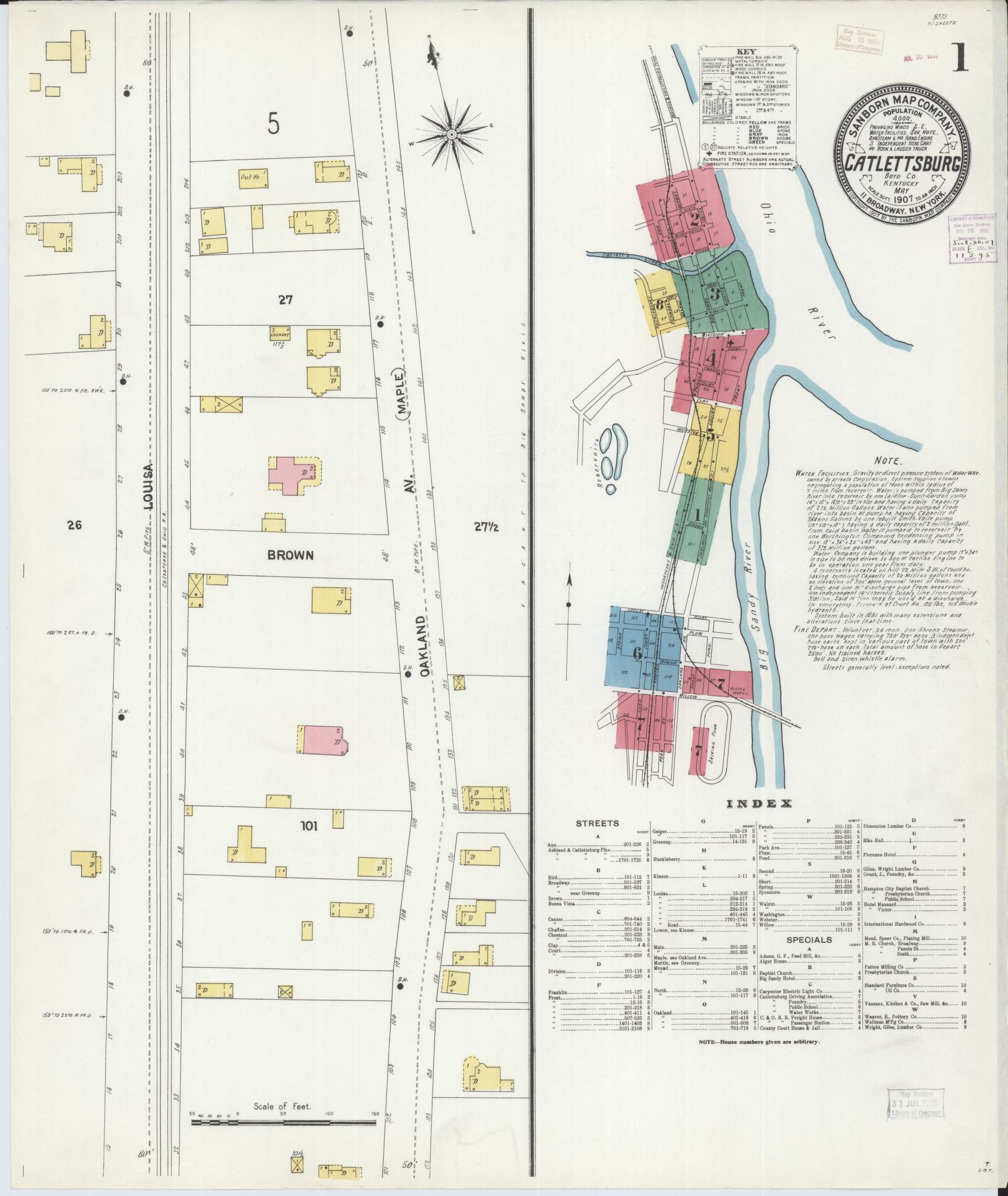 Sanborn Fire Insurance Map from Catlettsburg, Boyd County, Kentucky (1907), Sheet #0001 - Historic Sanborn Fire Insurance Map Print, vintage old map wall art, antique decor, genealogy gift, Kentucky Kentucky map
