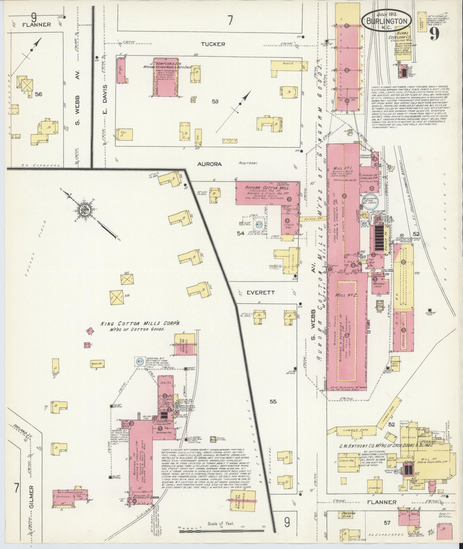 Sanborn Fire Insurance Map from Burlington, Alamance County, North Carolina (1913), Sheet #0009 - Historic Sanborn Fire Insurance Map Print, vintage old map wall art, antique decor, genealogy gift, North Carolina North Carolina map