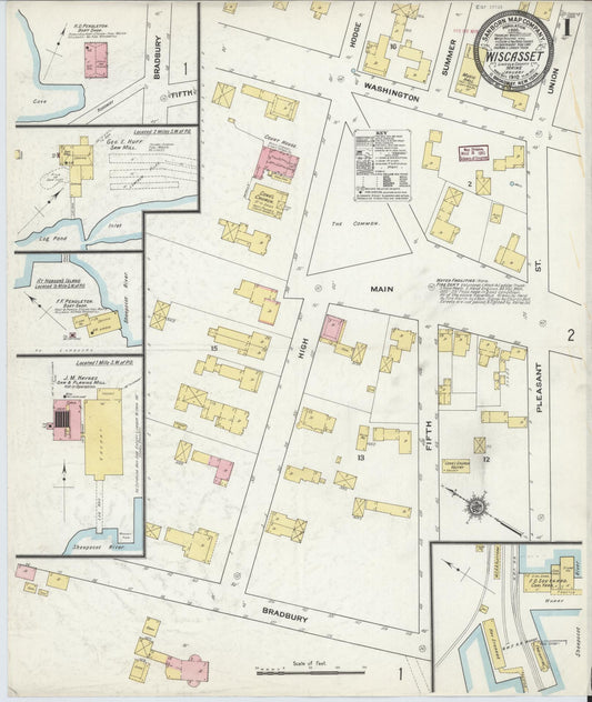 Sanborn Fire Insurance Map from Wiscasset, Lincoln County, Maine (1910), Sheet #0001 - Historic Sanborn Fire Insurance Map Print, vintage old map wall art, antique decor, genealogy gift, Maine Maine map