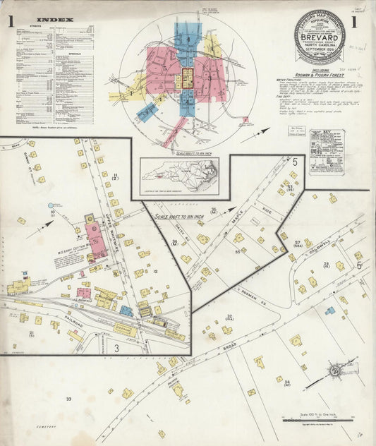 Sanborn Fire Insurance Map from Brevard, Transylvania County, North Carolina (1924), Sheet #0001 - Complete Map Set gallery image, historic Sanborn map, vintage wall art, North Carolina North Carolina