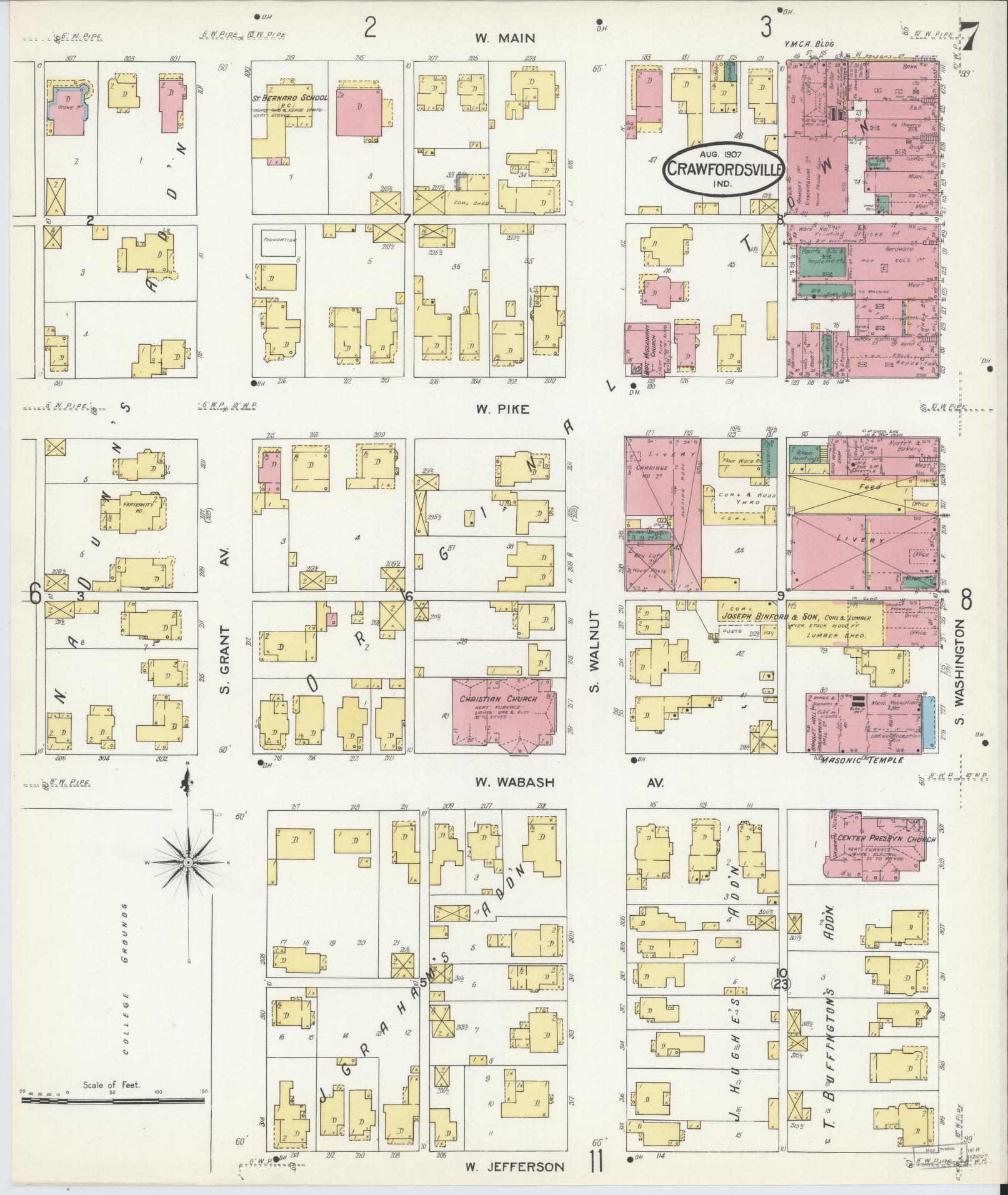 Sanborn Fire Insurance Map from Crawfordsville, Montgomery County, Indiana (1907), Sheet #0007 - Complete Map Set gallery image, historic Sanborn map, vintage wall art, Indiana Indiana