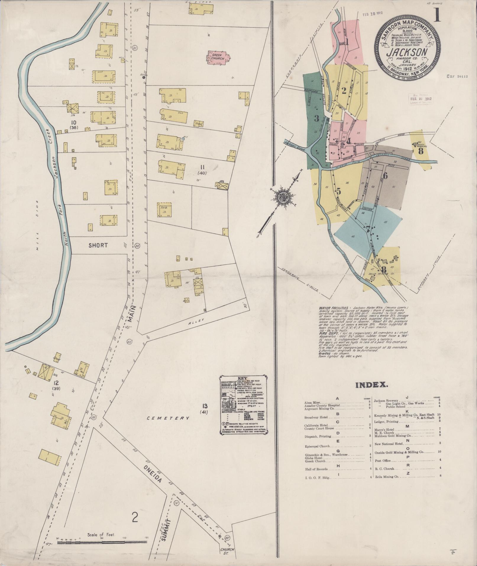 Sanborn Fire Insurance Map from Jackson, Amador County, California (1912), Sheet #0001 - Complete Map Set gallery image, historic Sanborn map, vintage wall art, California California