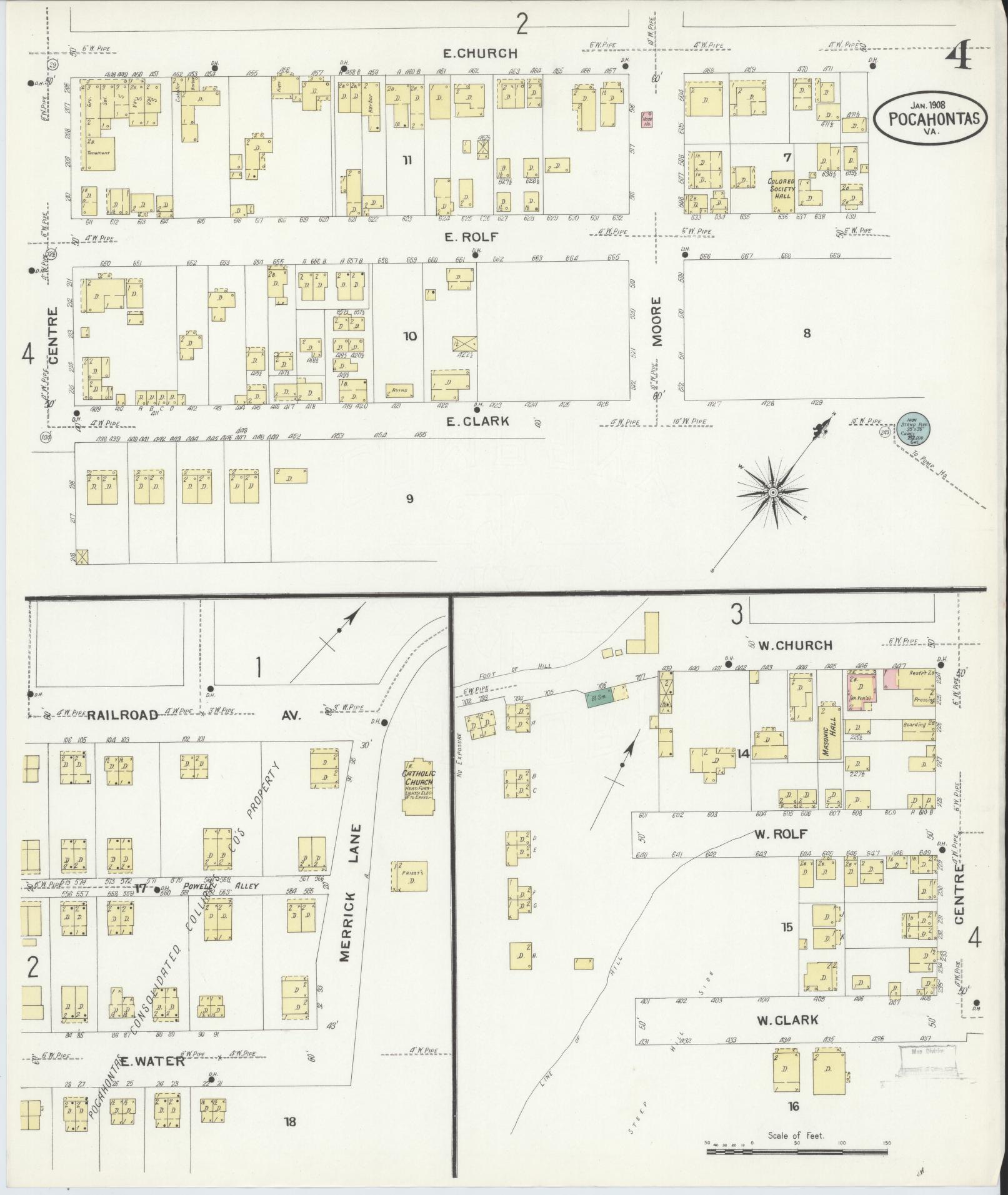 Sanborn Fire Insurance Map from Pocahontas, Tazewell County, Virginia (1908), Sheet #0004 - Historic Sanborn Fire Insurance Map Print, vintage old map wall art, antique decor, genealogy gift, Virginia Virginia map