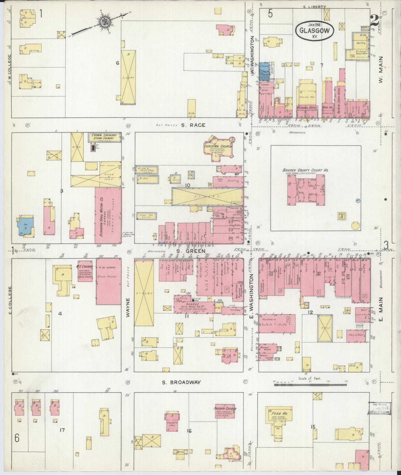 Sanborn Fire Insurance Map from Glasgow, Barren County, Kentucky (1916), Sheet #0002 - Complete Map Set gallery image, historic Sanborn map, vintage wall art, Kentucky Kentucky