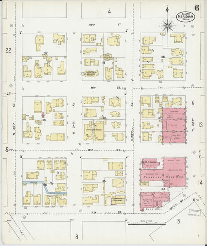 Sanborn Fire Insurance Map from Meridian, Lauderdale County, Mississippi (1906), Sheet #0006 - Complete Map Set gallery image, historic Sanborn map, vintage wall art, Mississippi Mississippi