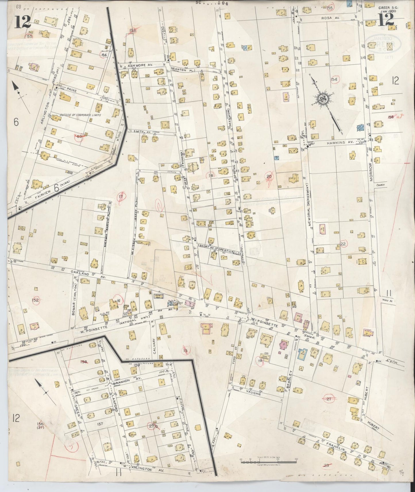 Sanborn Fire Insurance Map from Greer, Greenville and Spartanburg Counties, South Carolina (1951), Sheet #0012 - Complete Map Set gallery image, historic Sanborn map, vintage wall art, South Carolina South Carolina