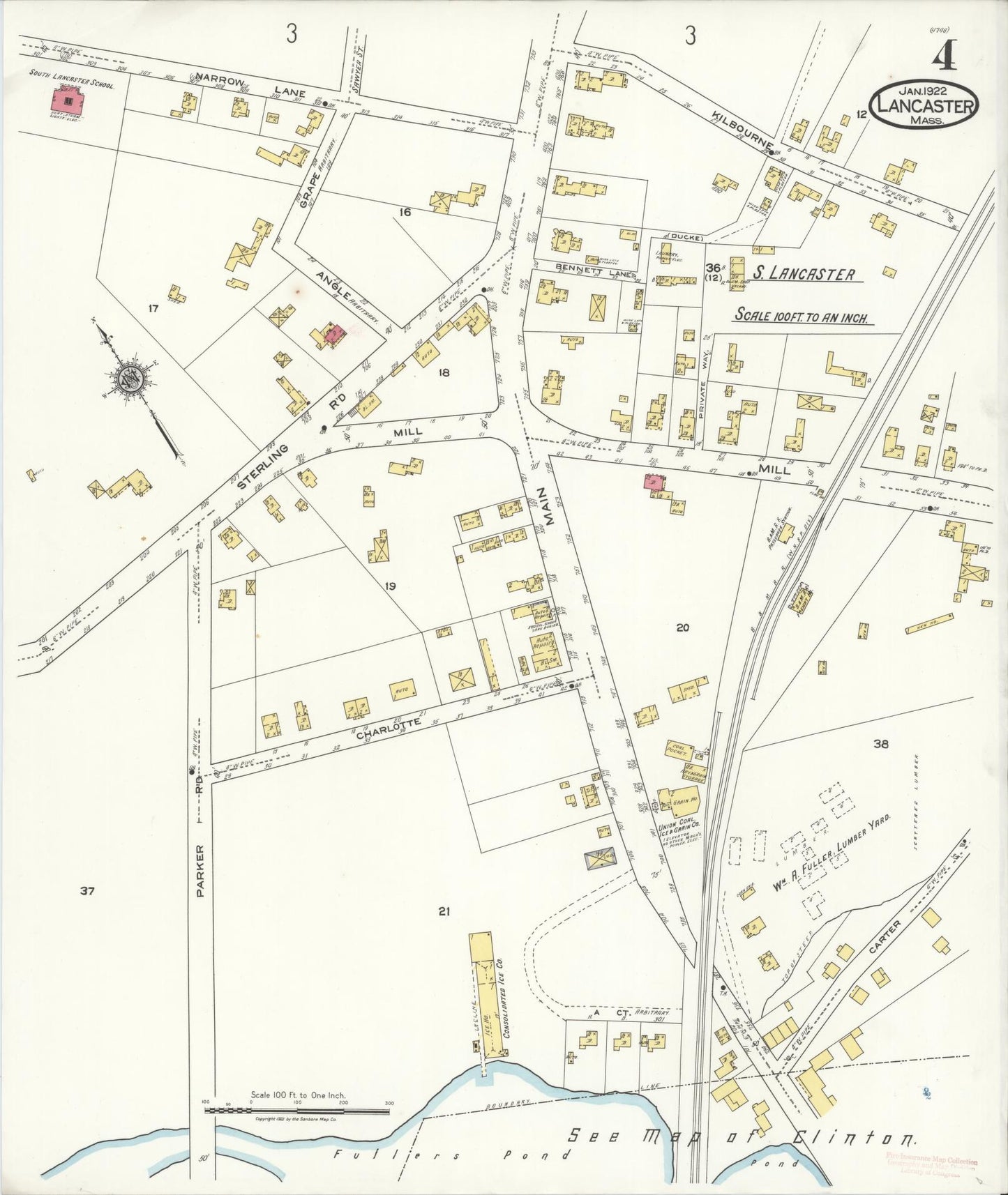 Sanborn Fire Insurance Map from Lancaster, Worcester County, Massachusetts (1922), Sheet #0004 - Complete Map Set gallery image, historic Sanborn map, vintage wall art, Massachusetts Massachusetts