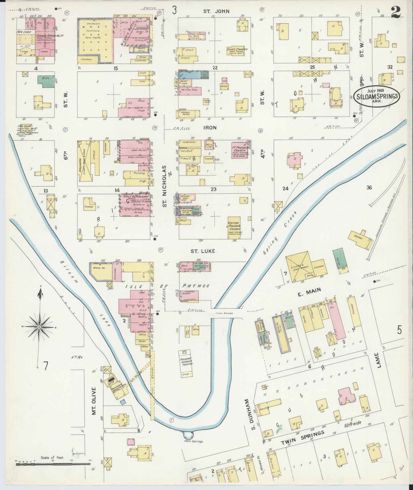 Sanborn Fire Insurance Map from Siloam Springs, Benton County, Arkansas (1908), Sheet #0002 - Complete Map Set gallery image, historic Sanborn map, vintage wall art, Arkansas Arkansas