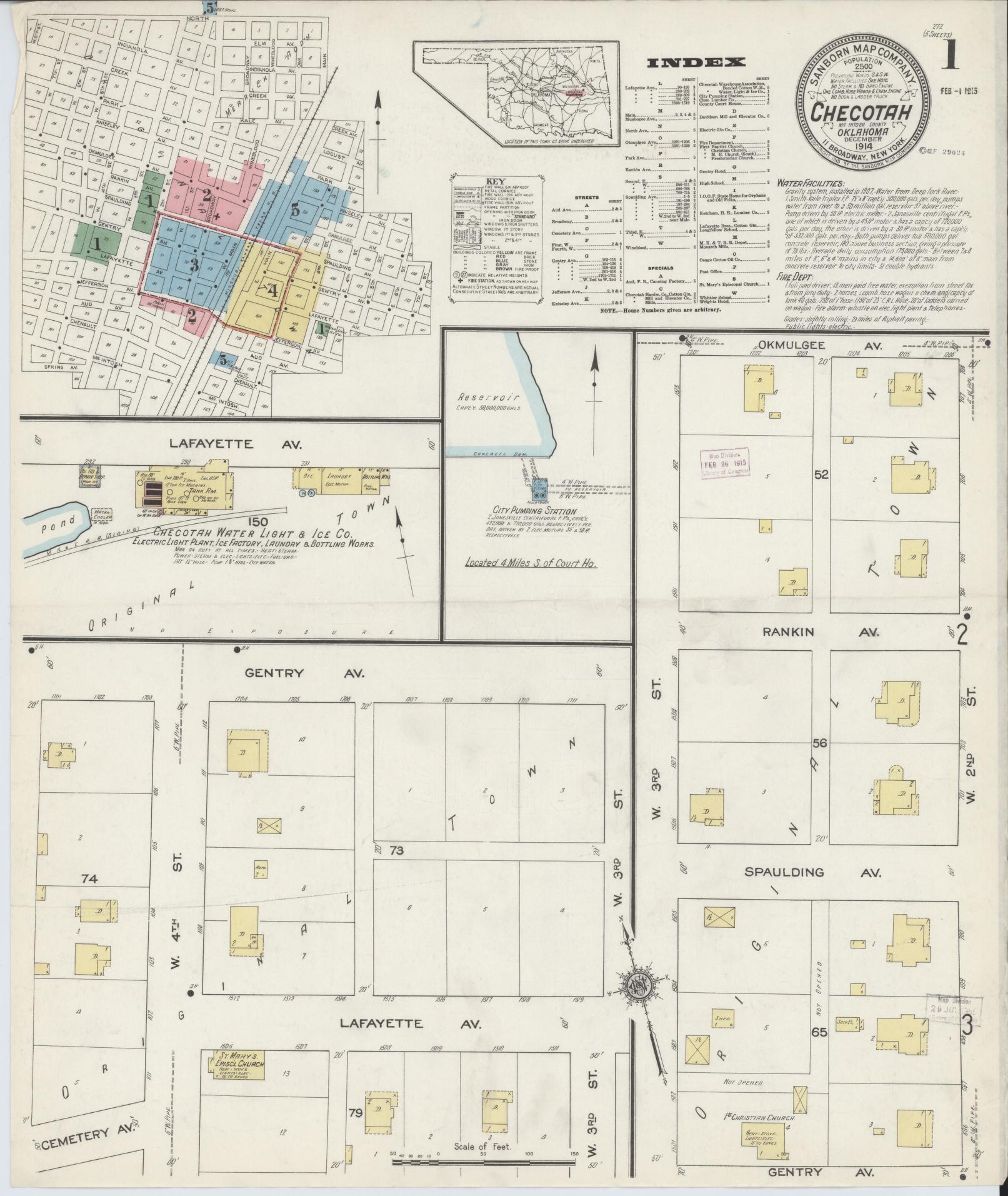 Sanborn Fire Insurance Map from Checotah, McIntosch County, Oklahoma (1914), Sheet #0001 - Complete Map Set gallery image, historic Sanborn map, vintage wall art, Oklahoma Oklahoma