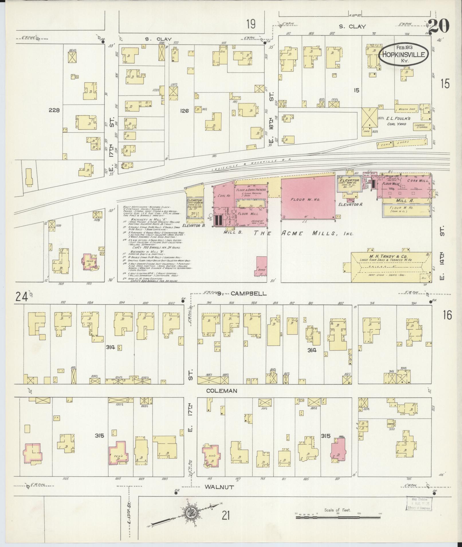 Sanborn Fire Insurance Map from Hopkinsville, Christian County, Kentucky (1913), Sheet #0020 - Historic Sanborn Fire Insurance Map Print, vintage old map wall art, antique decor, genealogy gift, Kentucky Kentucky map
