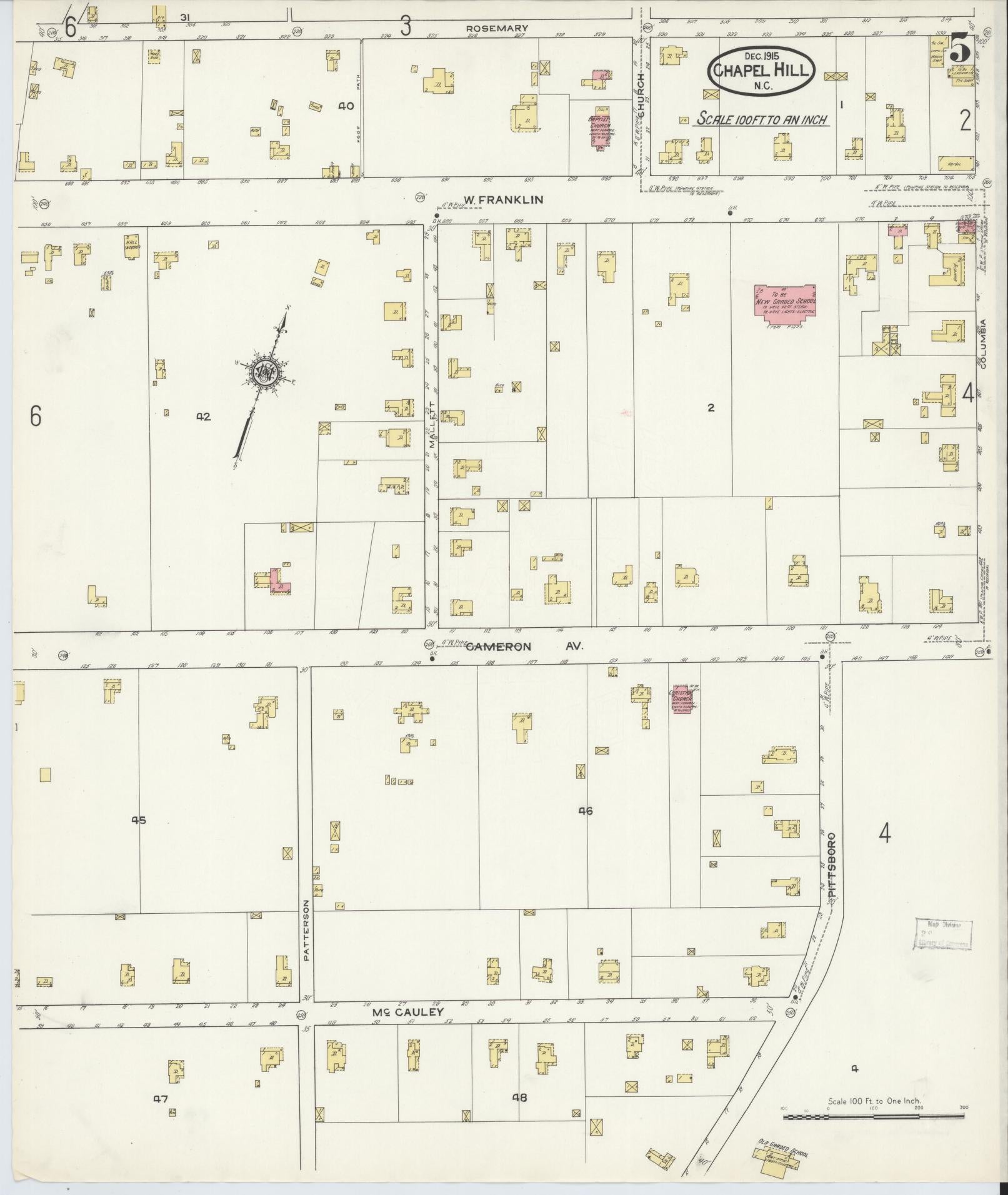 Sanborn Fire Insurance Map from Chapel Hill, Orange County, North Carolina (1915), Sheet #0005 - Complete Map Set gallery image, historic Sanborn map, vintage wall art, North Carolina North Carolina