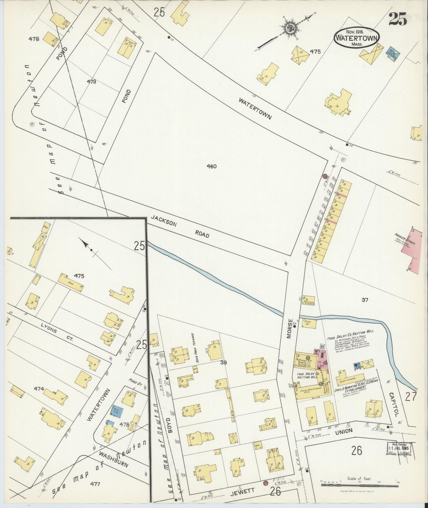 Sanborn Fire Insurance Map from Watertown, Middlesex County, Massachusetts (1916), Sheet #0025 - Complete Map Set gallery image, historic Sanborn map, vintage wall art, Massachusetts Massachusetts